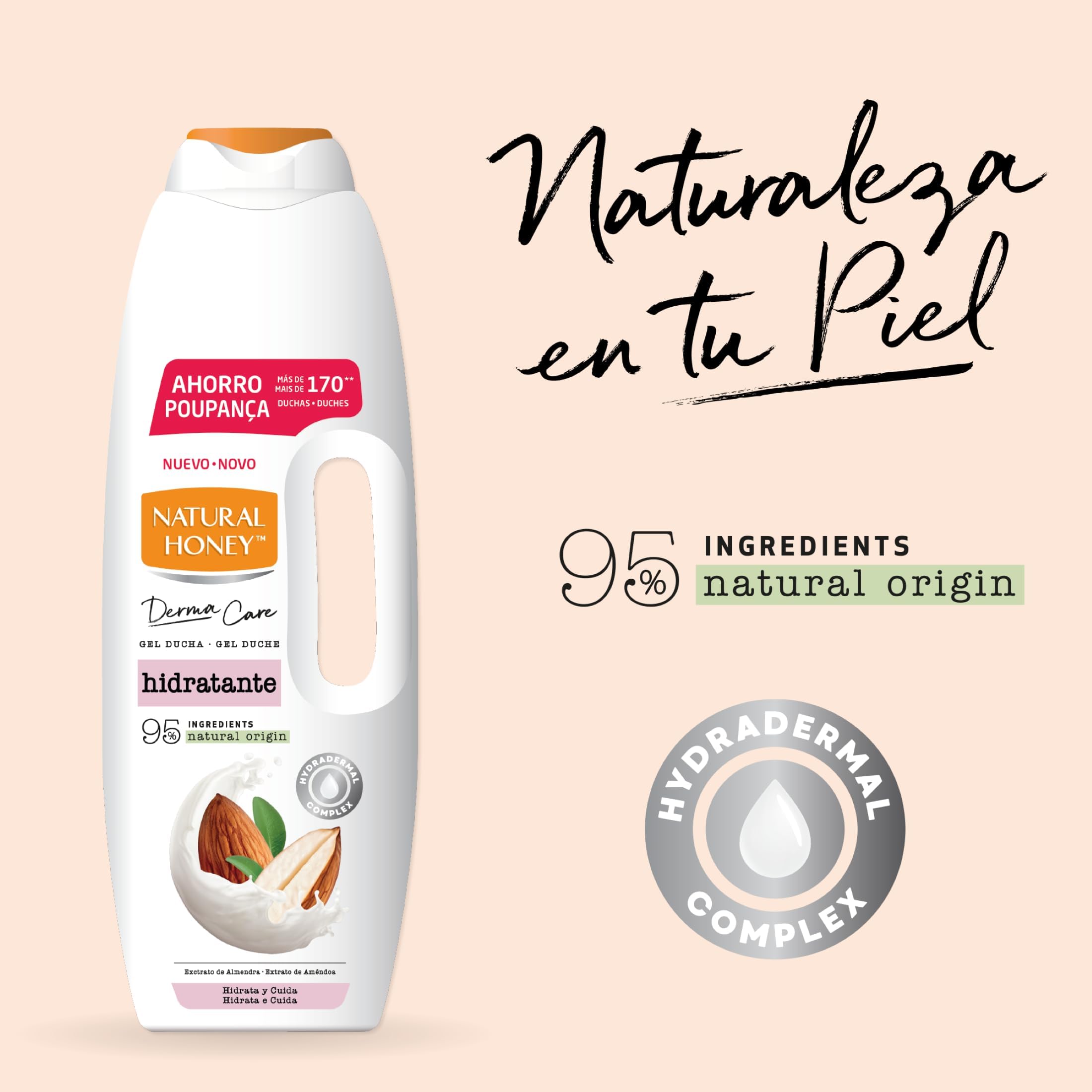 Natural Honey, Gel de Ducha Hidratante con Extracto de Almendras y Hydradermal Complex, Hidratación Intensa y Duradera para una Piel Suave, Fresca y Protegida, Línea Derma Care, 1350 ml