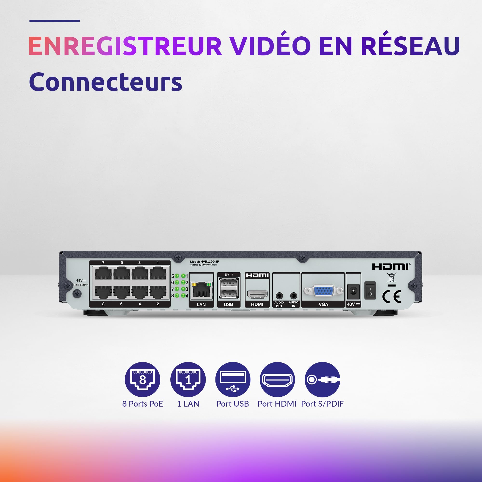 STRONG - ENREGISTREUR VIDÉO en RÉSEAU 12 CANAUX, NVR1120-8P, 8 TB, POE, 8MP, HDMI 4K, Digital Video Recorder
