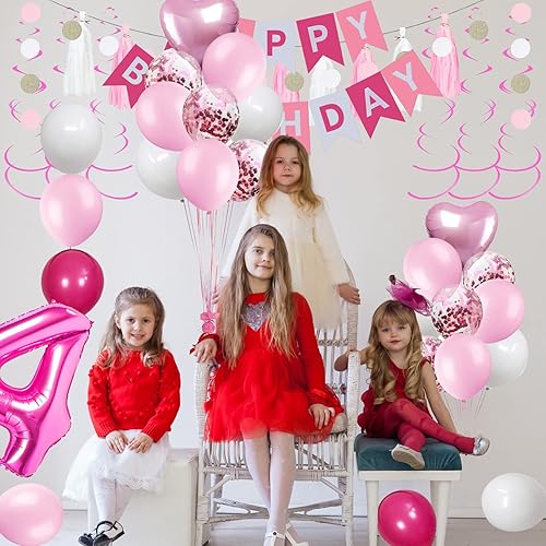 Miniatura 3 de Decoraciones de cumpleaños número 4 para niñas, globos de feliz cumpleaños rosa y blanco, suministros de fiesta de 4 cumpleaños para hija, sus