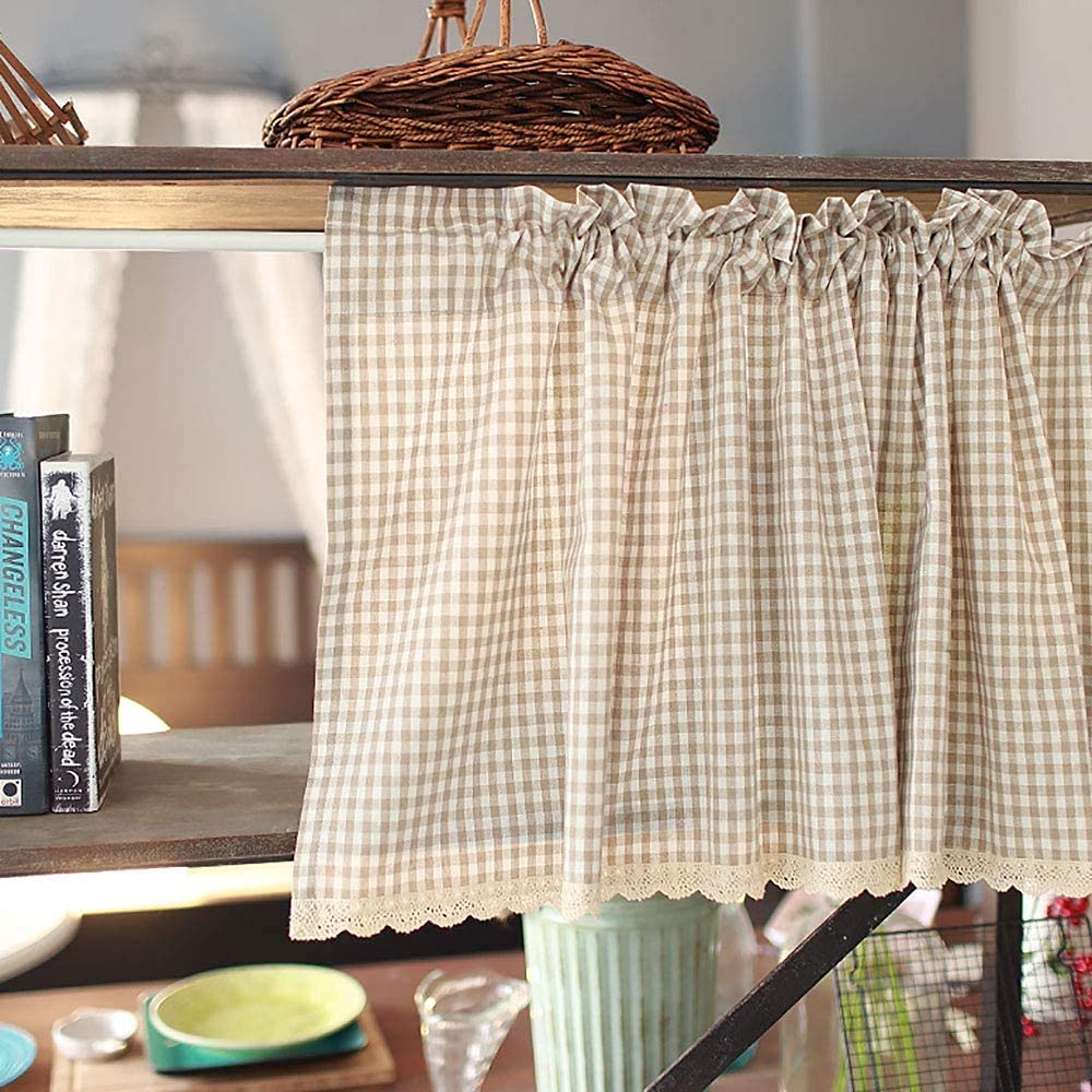 Cortinas de café de lino opaco con diseño chic de cuadros para cocina, 130x80cm