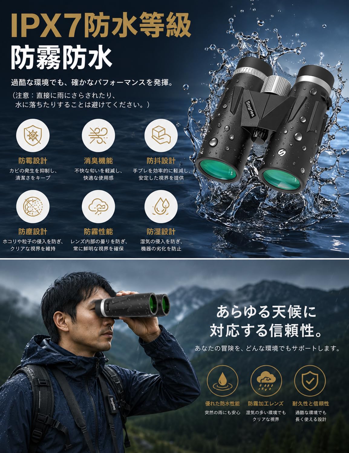12x42 HD双眼鏡 大人用 携帯電話アダプター、三脚、三脚アダプター付き マットブラック
