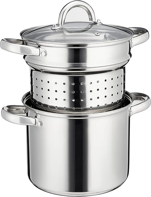 Cooks Professional Pasta Pot Stainless Steel 21cm 5 Litre with Removable Strainer Glass Lid, Stockpot and Thick Base - Compatible with Induction, Gas, Electric, and Ceramic Cookers with Four Handles