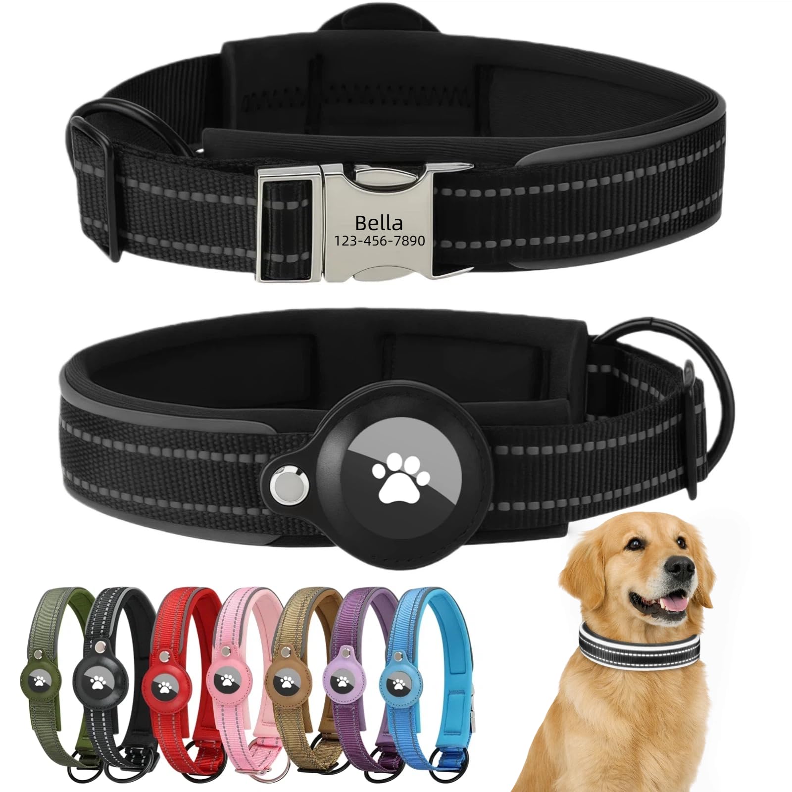 Personalised Airtag Dog Collar with Engraved Name Plate Apple Airtag Holder Quick Release Metal Buckle Reflective Adjustable Soft Padded Nylon for Medium dogs (Black, M) — image 1