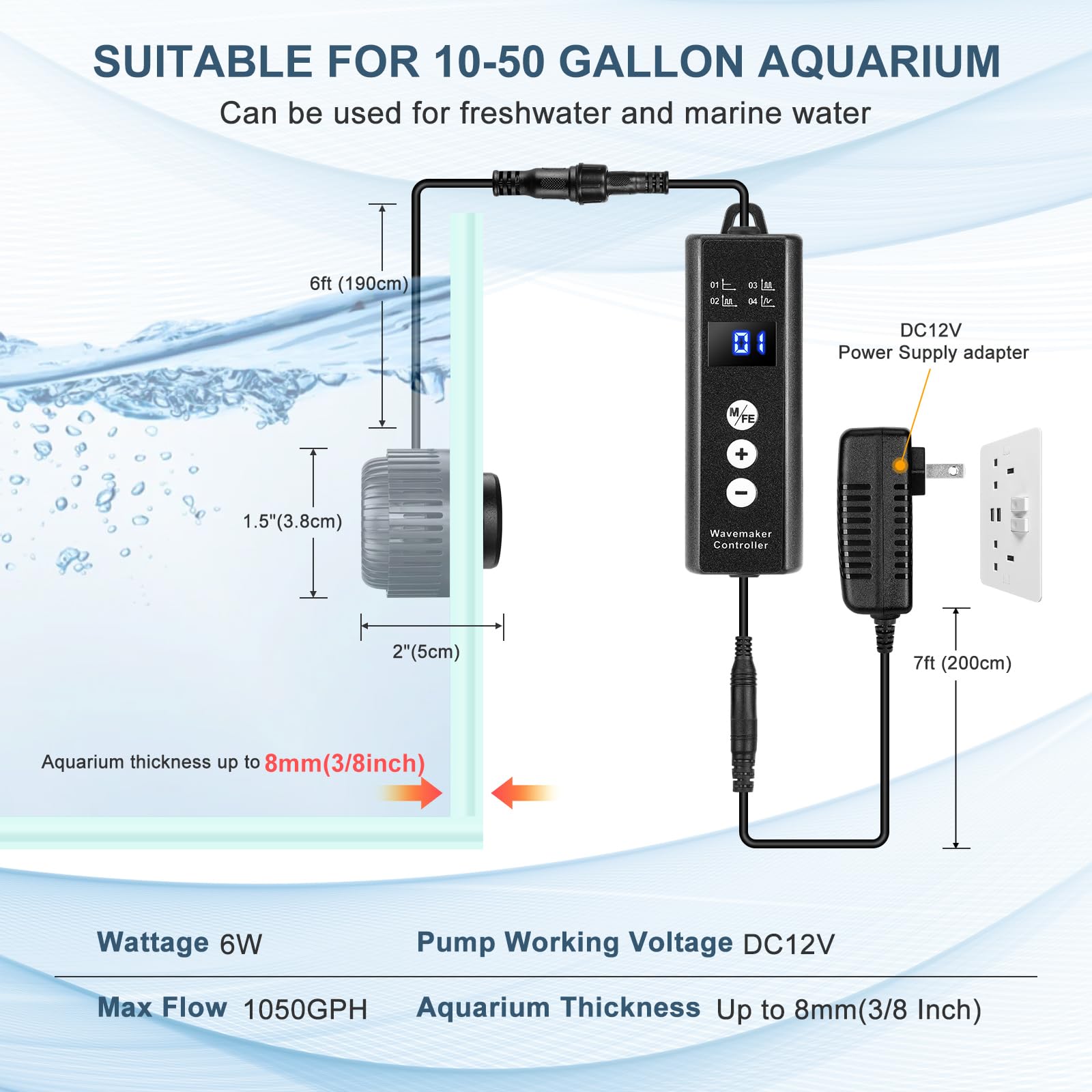1050GPH Mini acquario Wave Maker con controller regolabile, 6W DC12V Powerhead con montaggio magnetico,