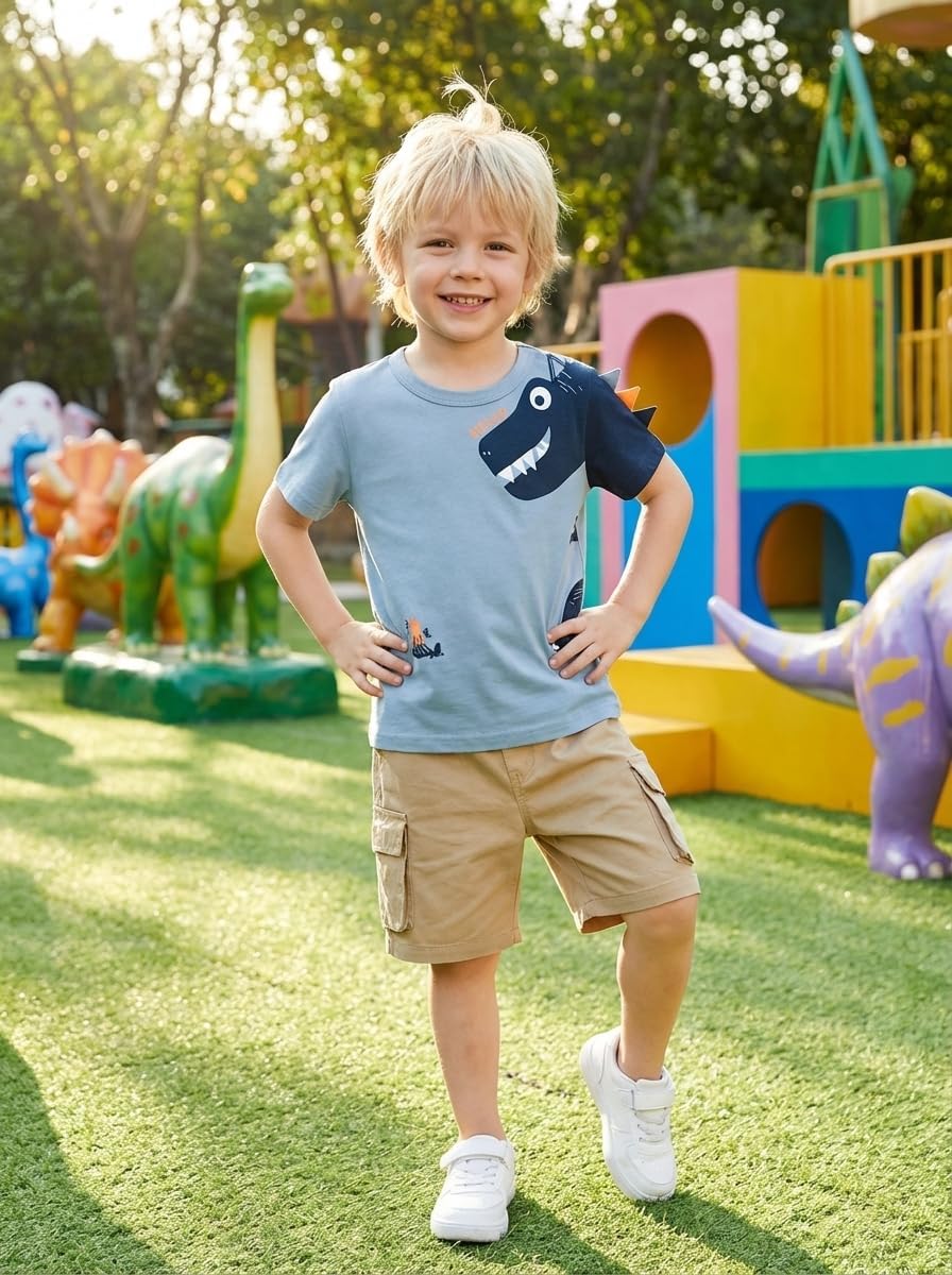 BeiVSlley Toddler Boy Shirts 3-Pack, Boys Summer Clothes, Short Sleeve Dinosaur Excavator Graphic Tees for Boys 2-6 Years