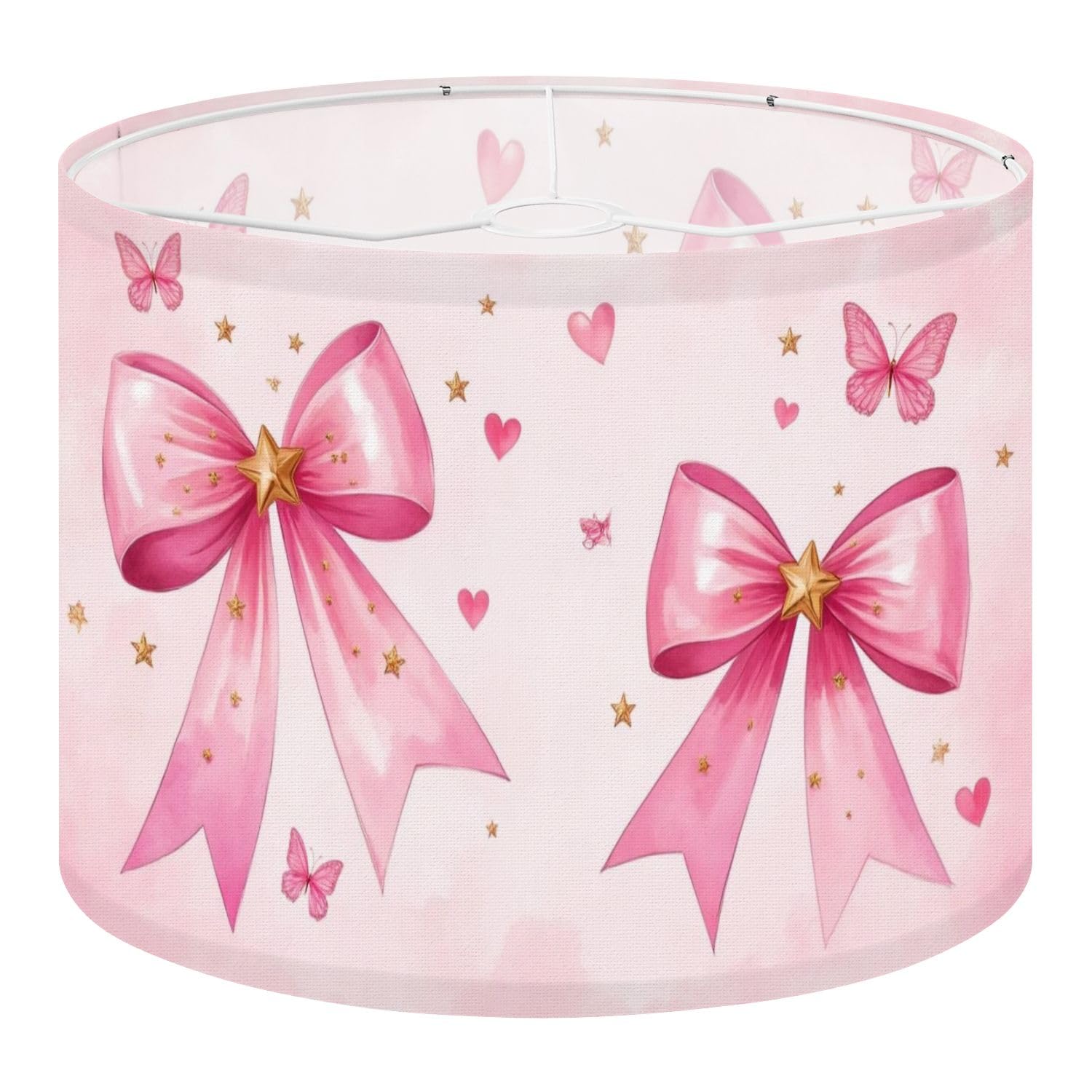 Round Drum Light Shade Pink Bow Bows Watercolor Baby Girls Pastel Coquettte Gold Stars Large Lampshades for Ceiling Lights Table Floor Lamps Easy Assembly Replacement Lamp Shades Spider Fitter
