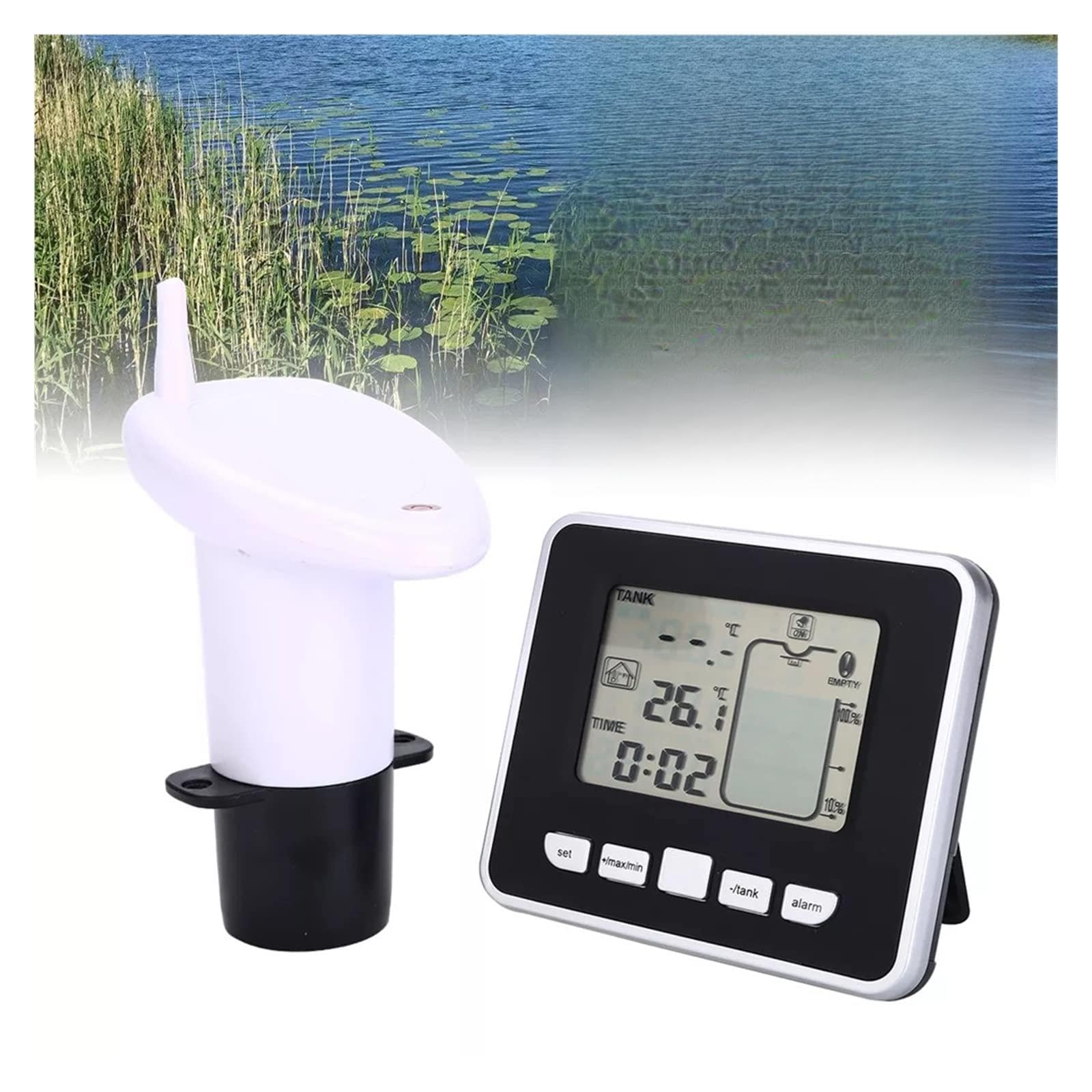 Cfwwsaq One Color Liquid Level Meter, Ultrasonic Water Tank Level Meter Temperature Sensor Low Battery Liquid Depth Indicator Time Alarm Transmitter Measuring Tools