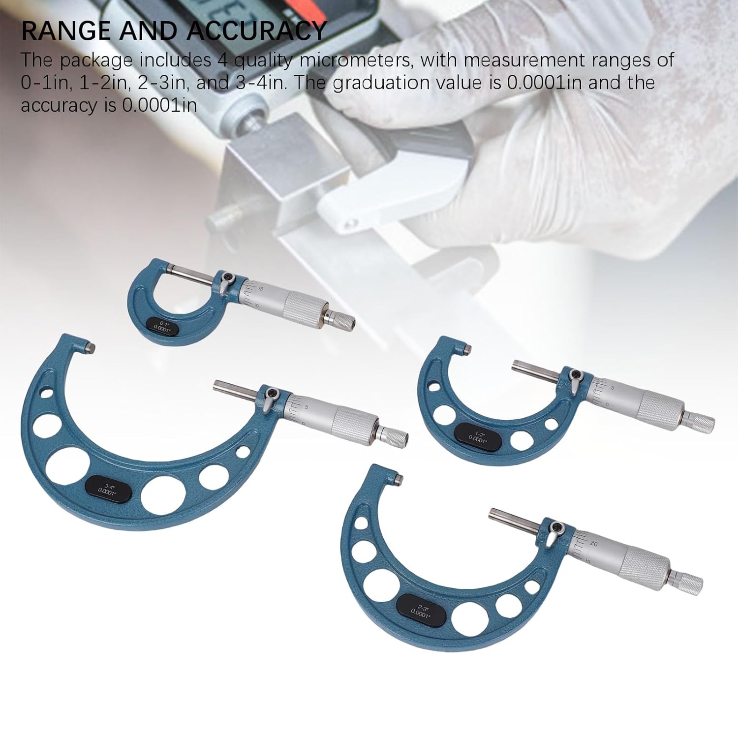 Fafeicy Outside Micrometer Set 0-4 Inch 0.0001in Graduation Machinist Tool with Carbide Anvil and Storage Box for Measurement