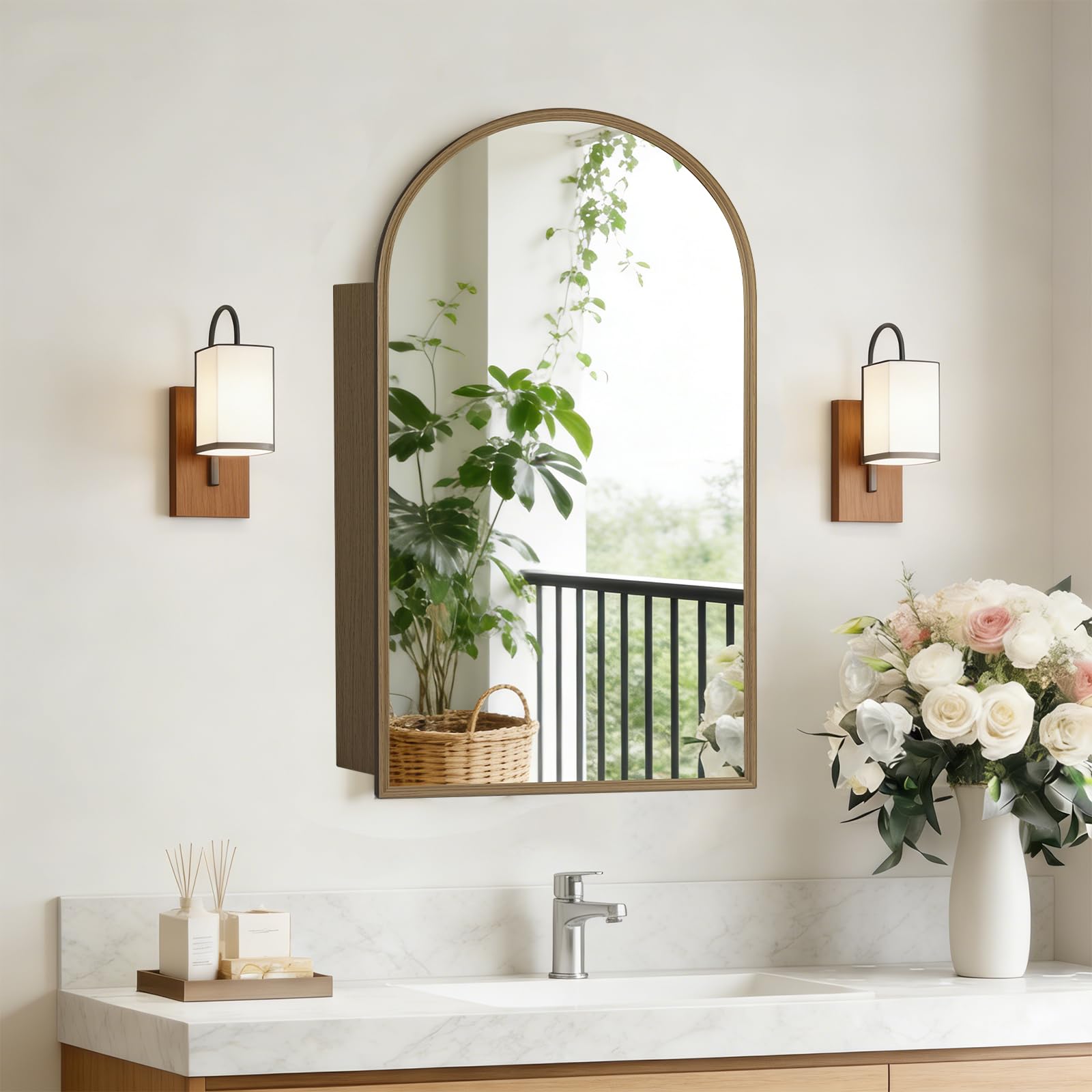 Photo 1 of GKCXOIUA 16x30'' Arched Medicine Cabinet with Mirror,Rust-Proof Aluminum, Recessed & Surface Mount Bathroom Mirror with Storage, Suitable for Bathroom Bedroom Cloakroom(Orginal Wood Color)