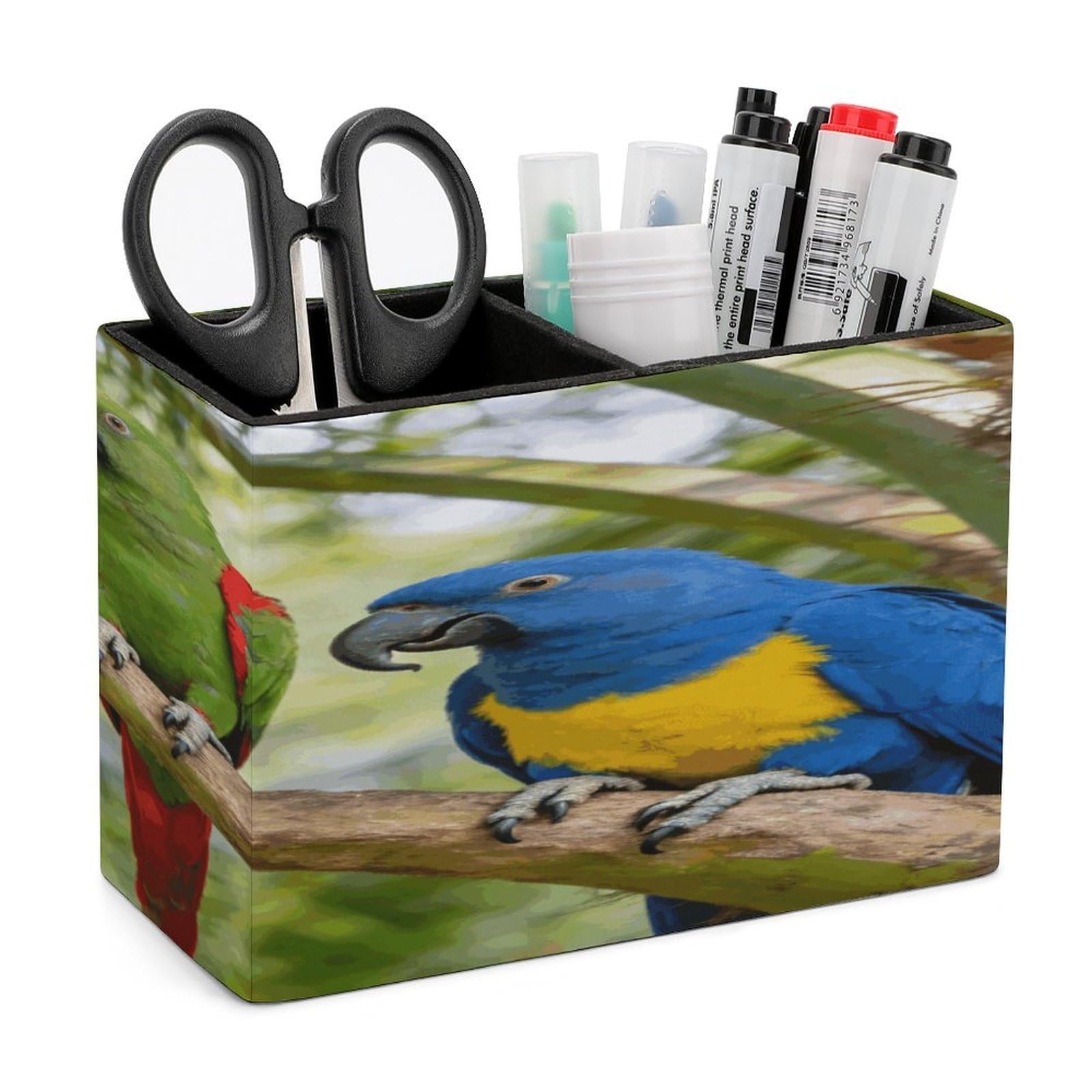 LZQPOEAS Rainforest Double Parrot Pen Holder Double Compartments Pen Cup Makeup Brush Holders Leather Pencil Holder Locker Organizer for Work Locker Accessories Modern Pencil Cup for Desk