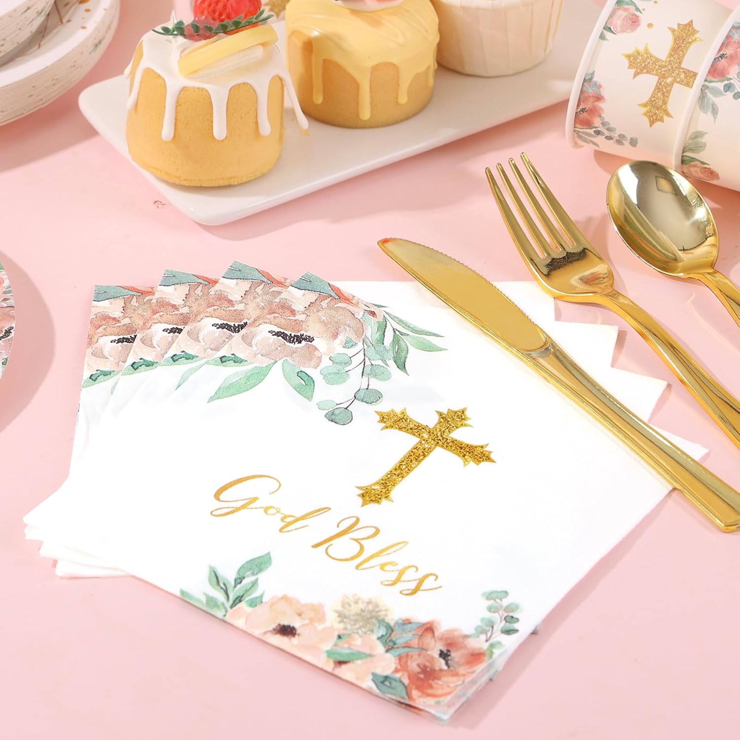 175 PCS Baptism Plates and Napkins Party Supplies - Baptism Decorations for Girls - God Bless Disposable Paper Plates First Communion Plate for Christening Baby Shower Party Decorations