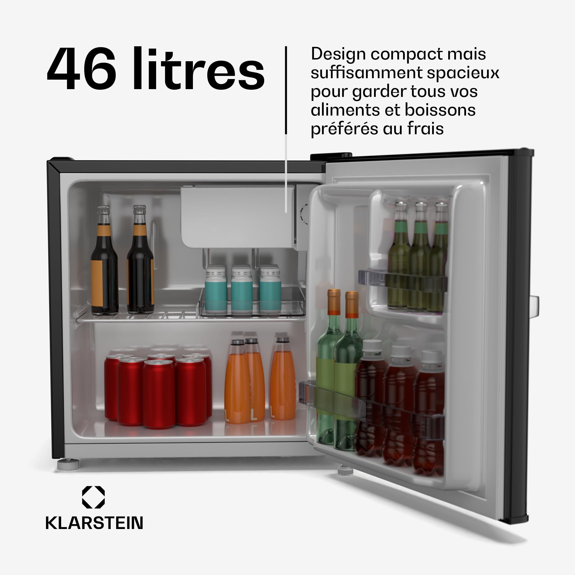 KLARSTEIN Irene 46 L Mini réfrigérateur rétro - Silencieux 37 dB, Thermostat réglable, Petit réfrigérateur de chambre, Économe en Énergie, Noir
