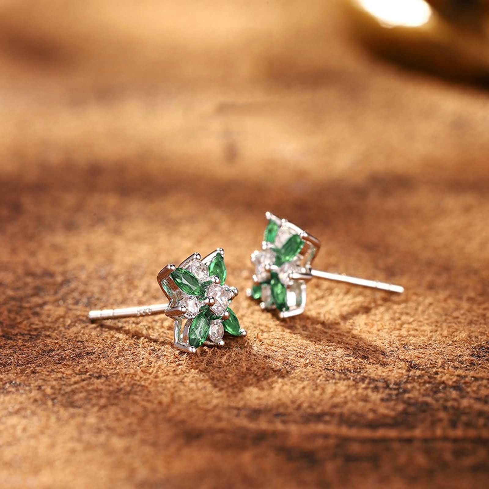 Weißgold Ohrringe 9K / 14K / 18 Karat für Damen, Blume mit Erstellter Smaragd 0,4 Karat und Moissanit, Durchzieher Damen Ohrringe Silber Grün