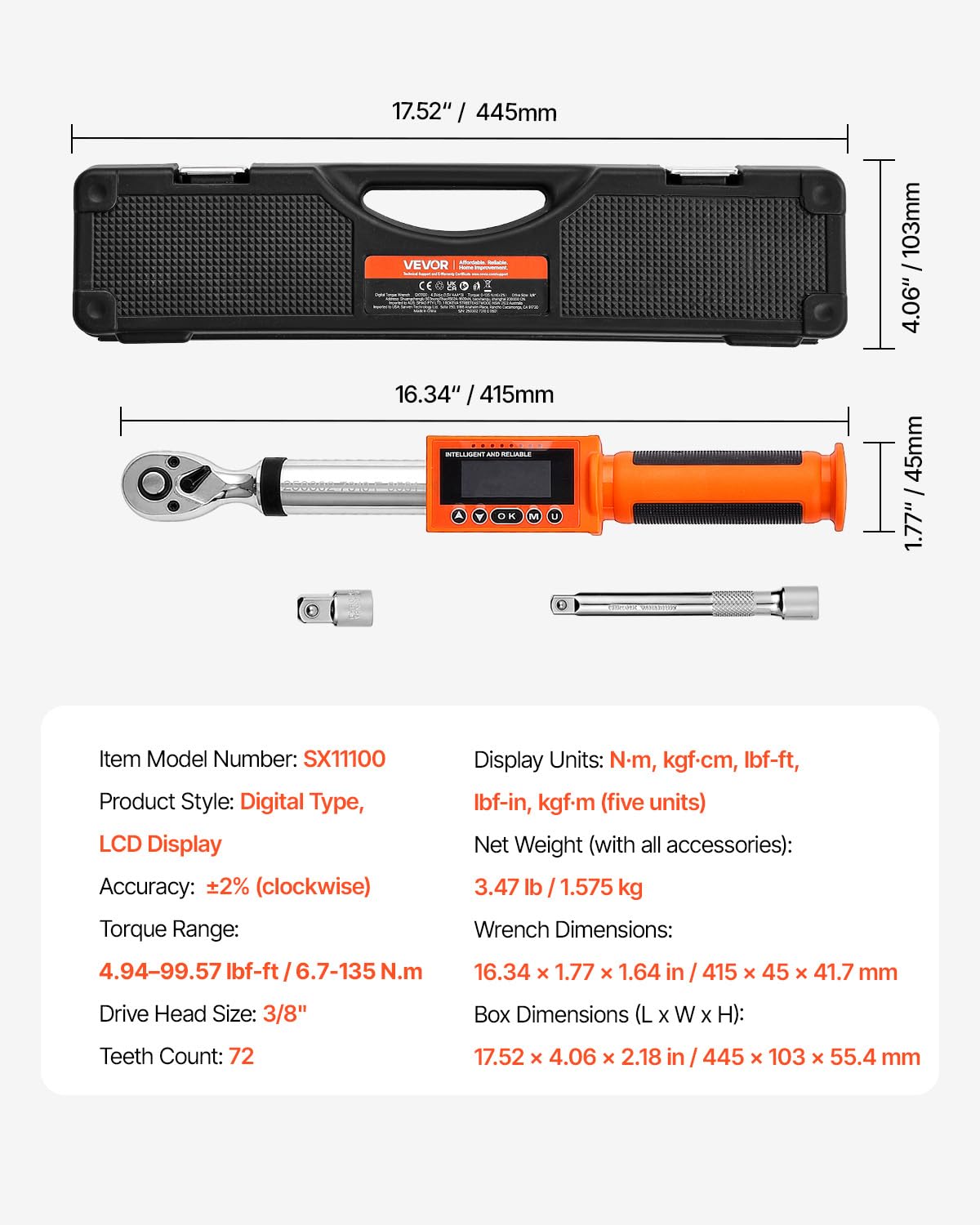 VEVOR Llave Dinamométrica Digital Accionamiento de 3/8" 0-135 Nm 72 Dientes ±2% de Precisión Llave Dinamométrica Electrónica con Valor Preestablecido, Zumbador y Notificación LED para Coches