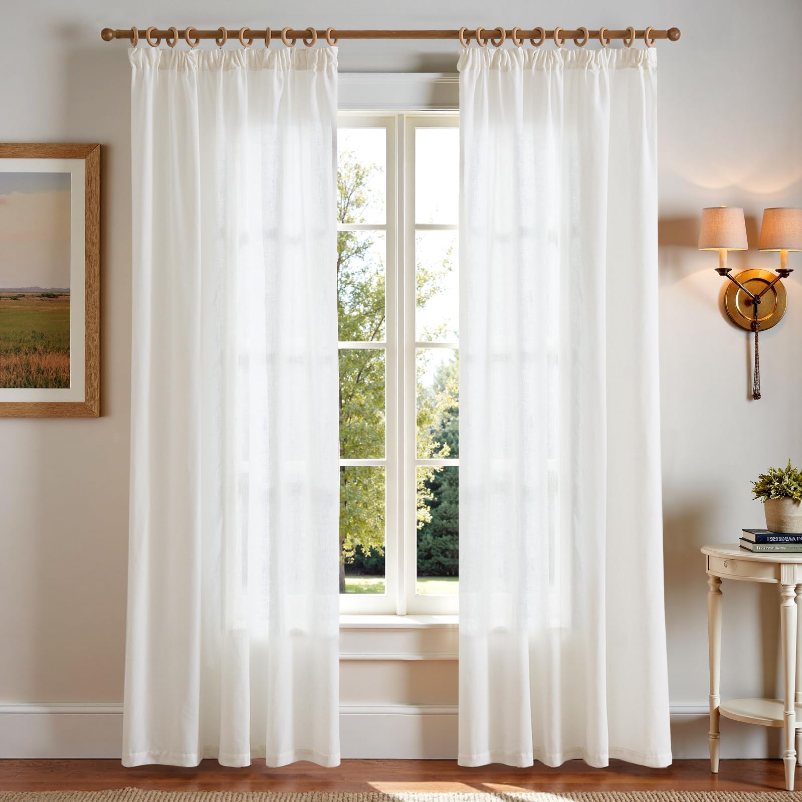 TOPICK Tendaggi con nastro arricciato in lino per soggiorno e camera da letto, tende semi-trasparenti per sistema a binario, stile country, tende con passanti nascosti, set da 2, 140x225 cm