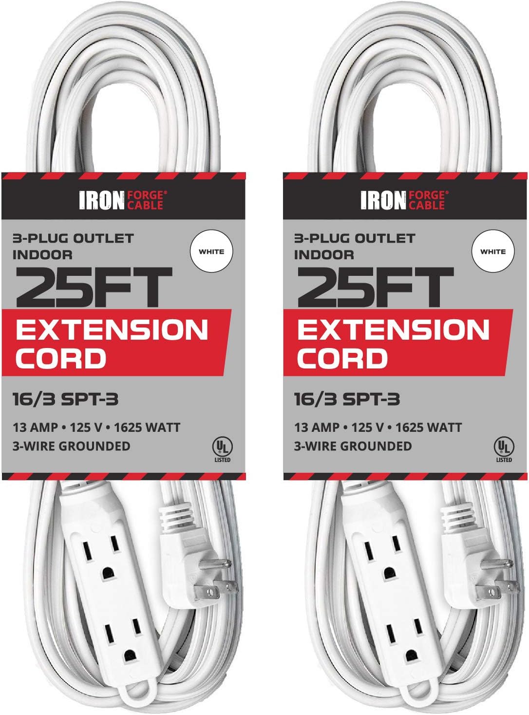 Iron Cable 2 Pack of 3 Outlet Flat Plug White