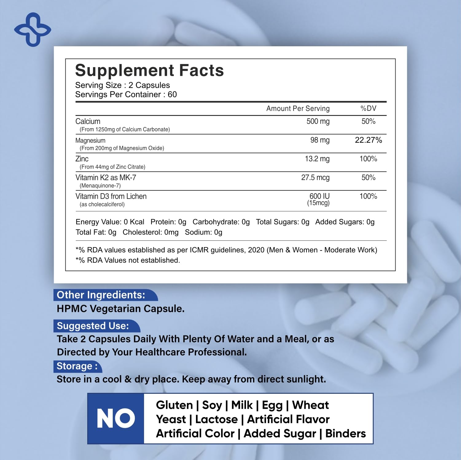 Calcium Magnesium Zinc with D3 & K2 MK7, 120 Veg Caps — Amazon image 3