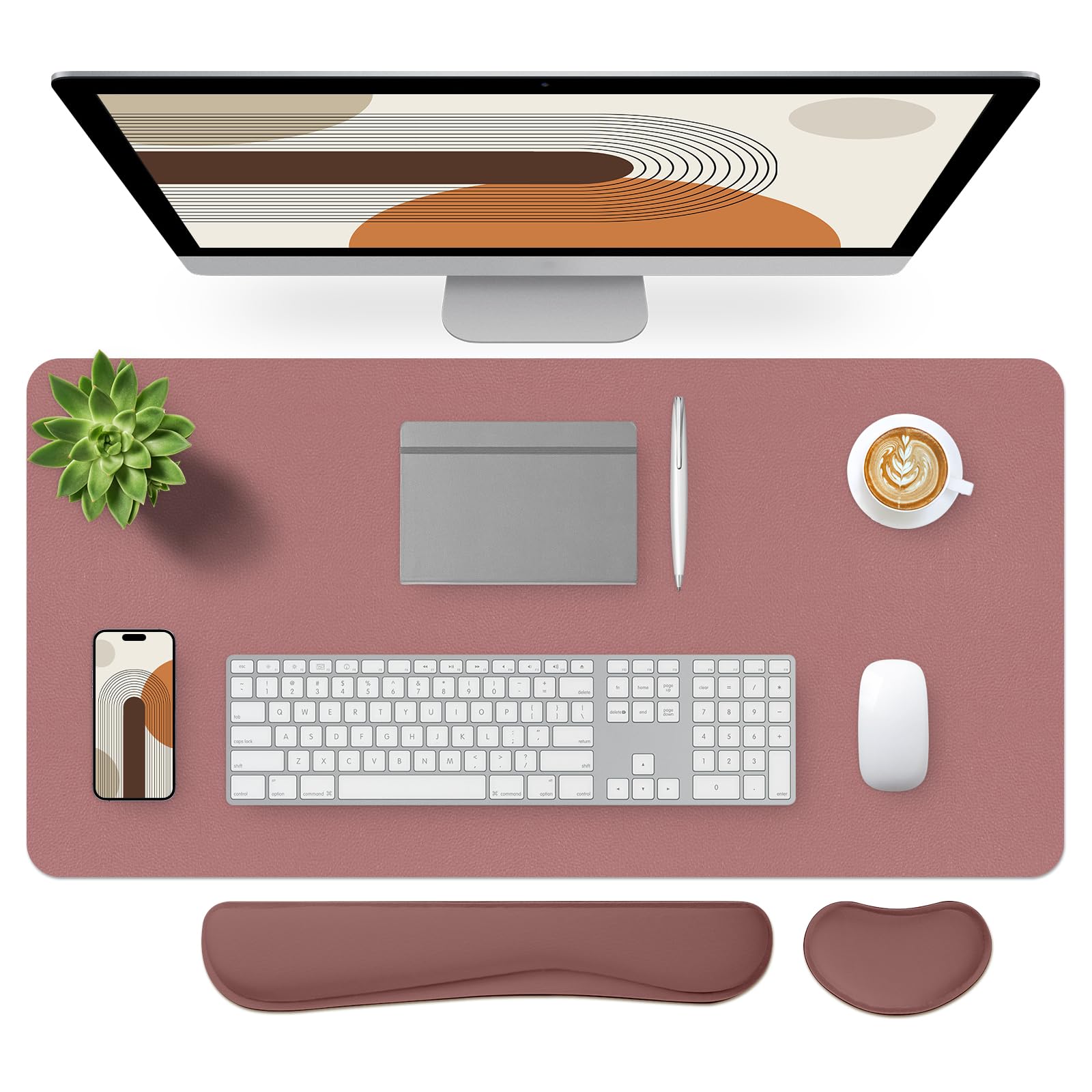 Bloss Dark Red Desk Mat, Large Mouse Pad, Non-Slip Desk Protector Mat, Leather Desk Blotter, Waterproof Desk Pad for Make Up Desk/31.5×15.7 Inch