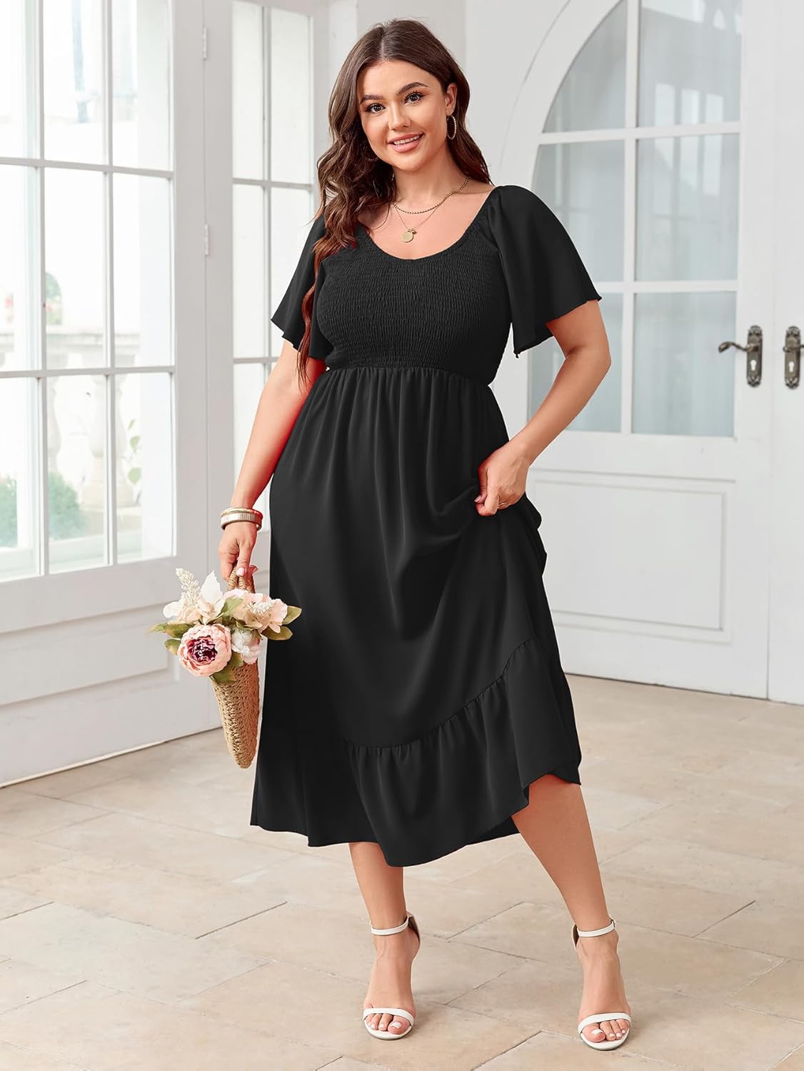 SCOMCHIC Women's Plus Size Summer Dress Casual Short Sleeve Scoop Neck Maxi Dress Smocked Ruffle Boho Flowy Long Dresses - Image 6
