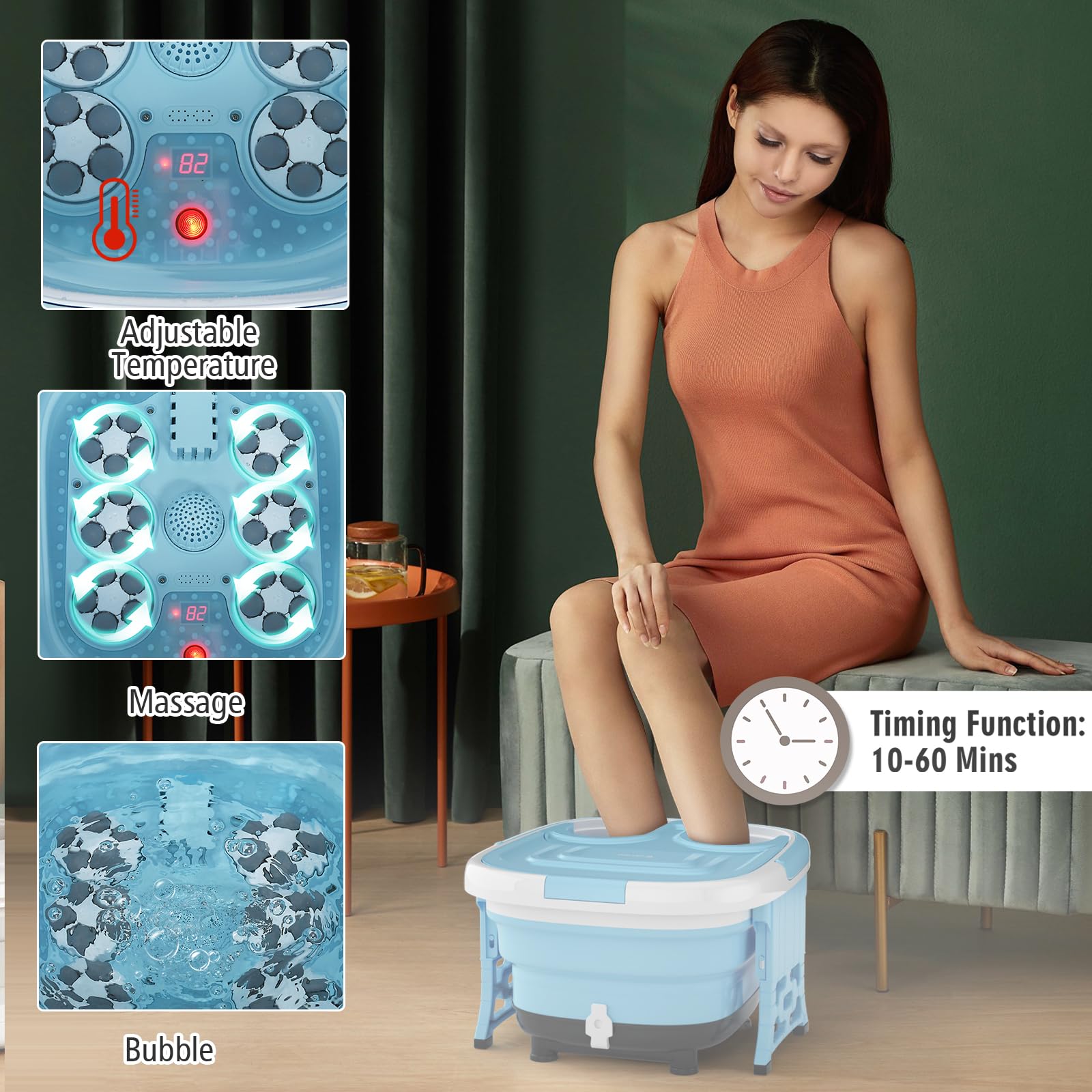 HOMASIS Massaggiatore per Piedi Pieghevole, Pediluvio Massaggiatore Piedi con Rulli Massaggianti e Massaggi ad Bolle, Temperatura Regolabili, Vaschetta Pedicure con Timer e Telecomando (Blu)
