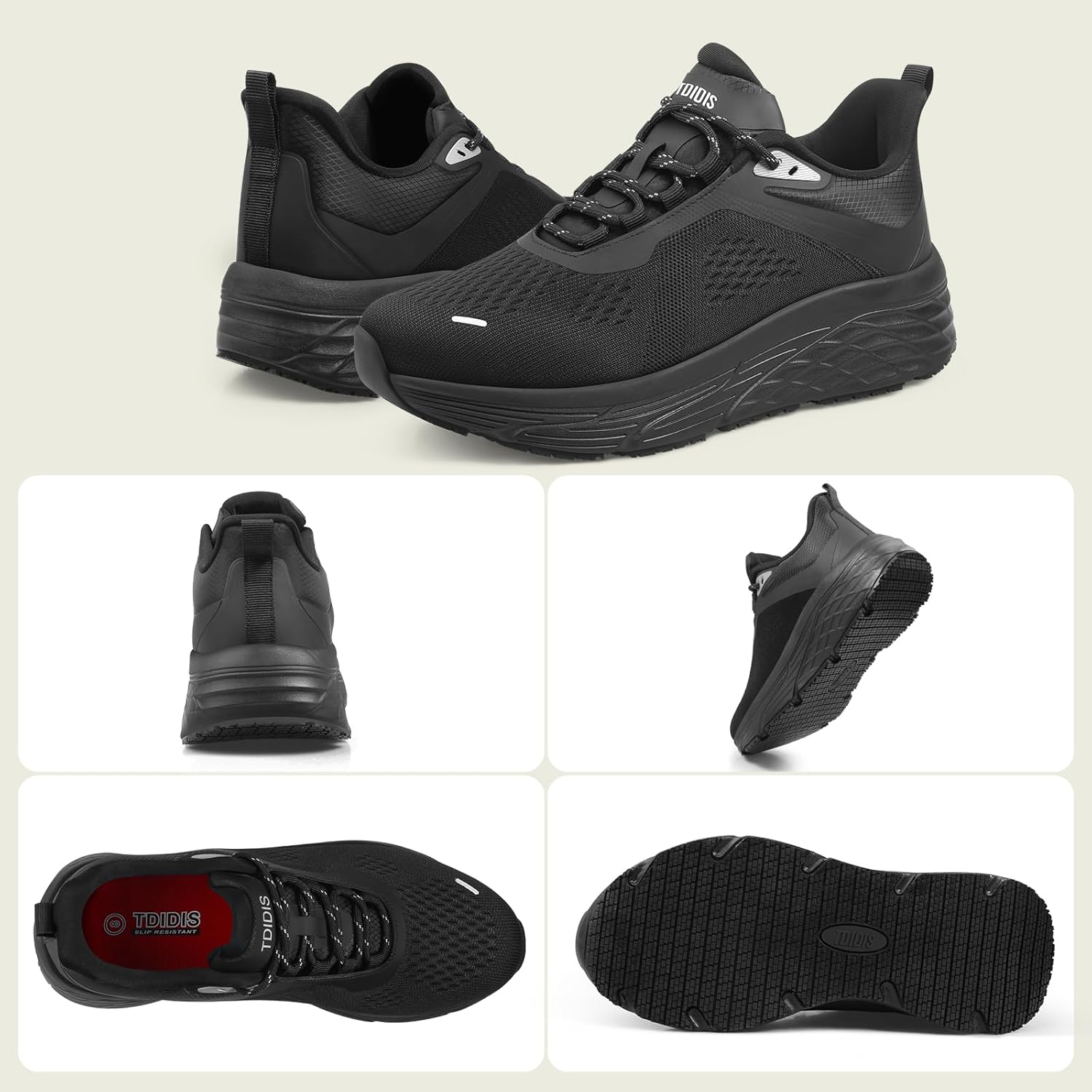 Black Non Slip Work Shoes for Women, Water-Resistant Kitchen & Restaurant Sneakers, Cushioned Thick Midsole for All-Day Standing, Chef & Food Service Footwear - Image 6