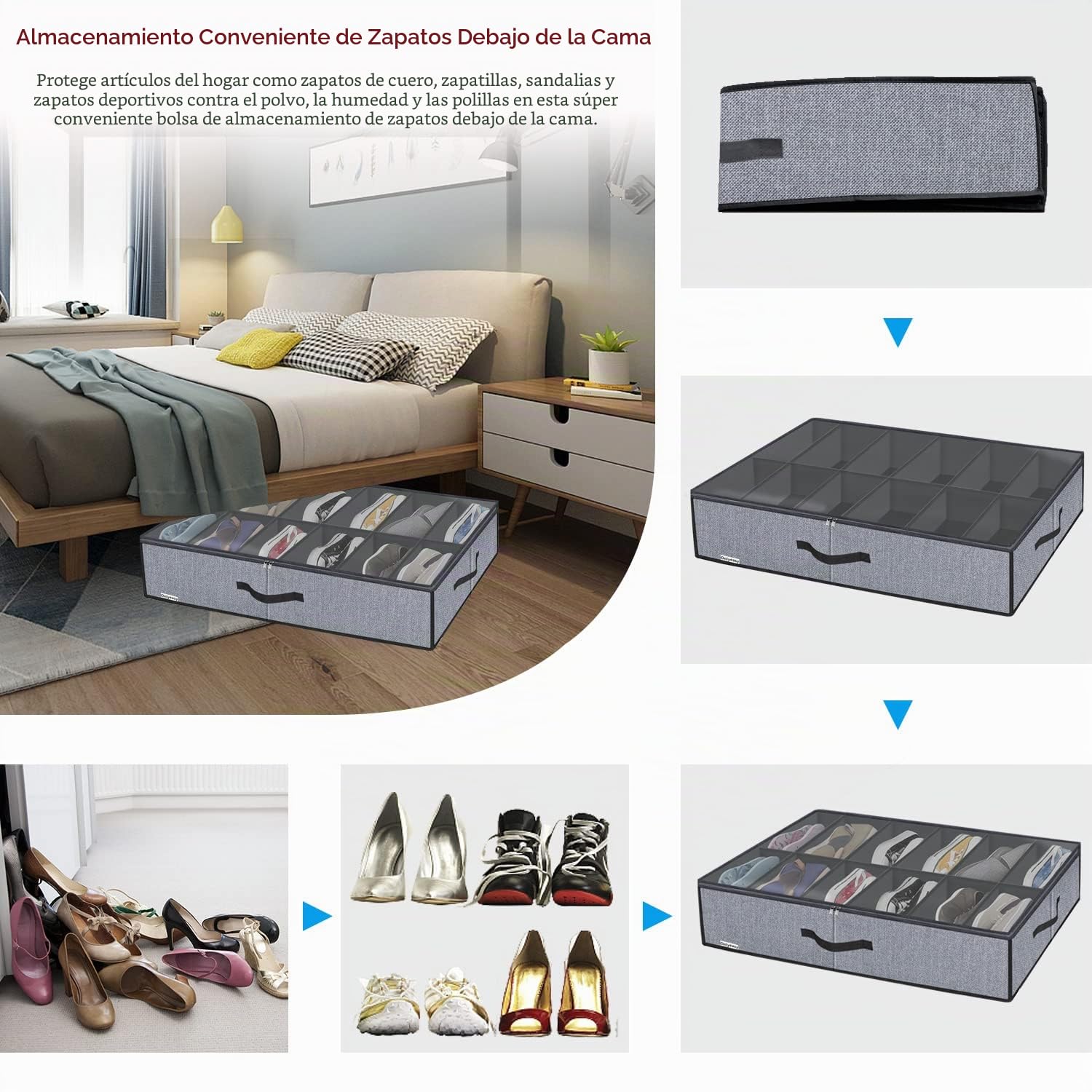 homyfort Juego de 2 bolsas de almacenamiento para zapatos con ventana transparente, organizador de zapatos con 2 compartimentos, caja de almacenamiento para debajo de la cama, lino gris, XDUBSB2P