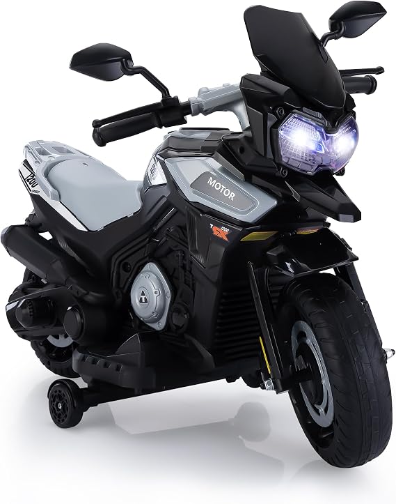 TOBBI 12V Electric Motorcycle for Kids Ride-On Toy w/Training Wheels, Music