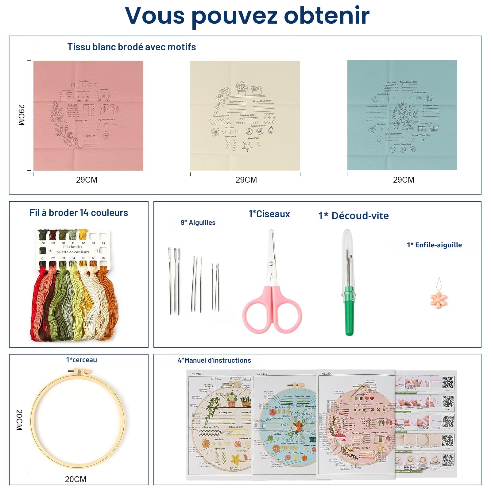 QEEYON Kit de Démarrage de Broderie, 3 Pcs Fils à Broder, 30 Points Différents, pour Adultes, Aiguilles de Fils de Couleur, Cerceaux