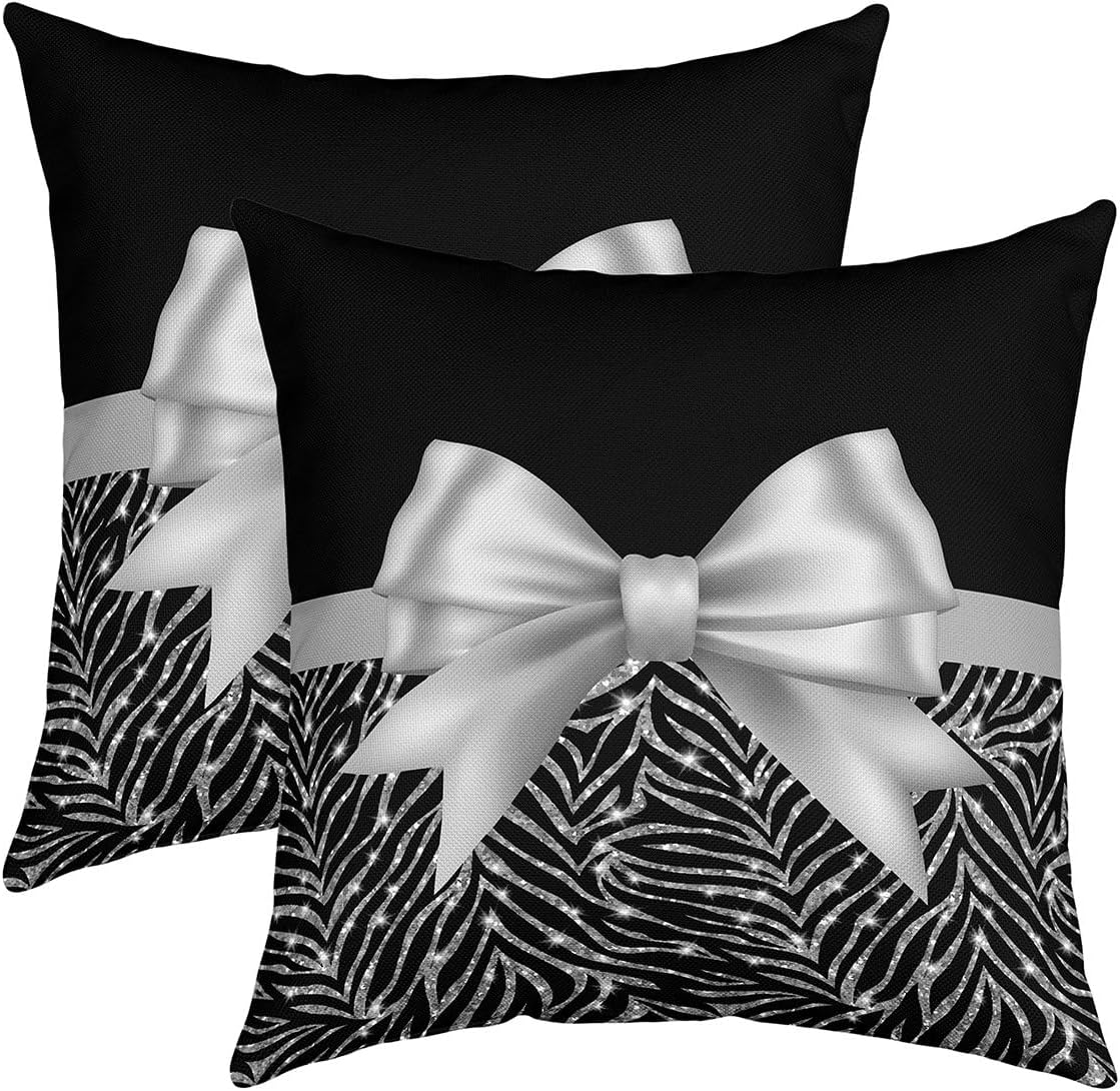 Golden Glitter Print Throw Pillow Covers 24"x24" Set of 2 Golden Bowknot Decor Pastel Print Throw Pillow Covers Black Decorative Pillow Case Pillowcase for Sofa Couch Bed Chair Car(No Glitter)