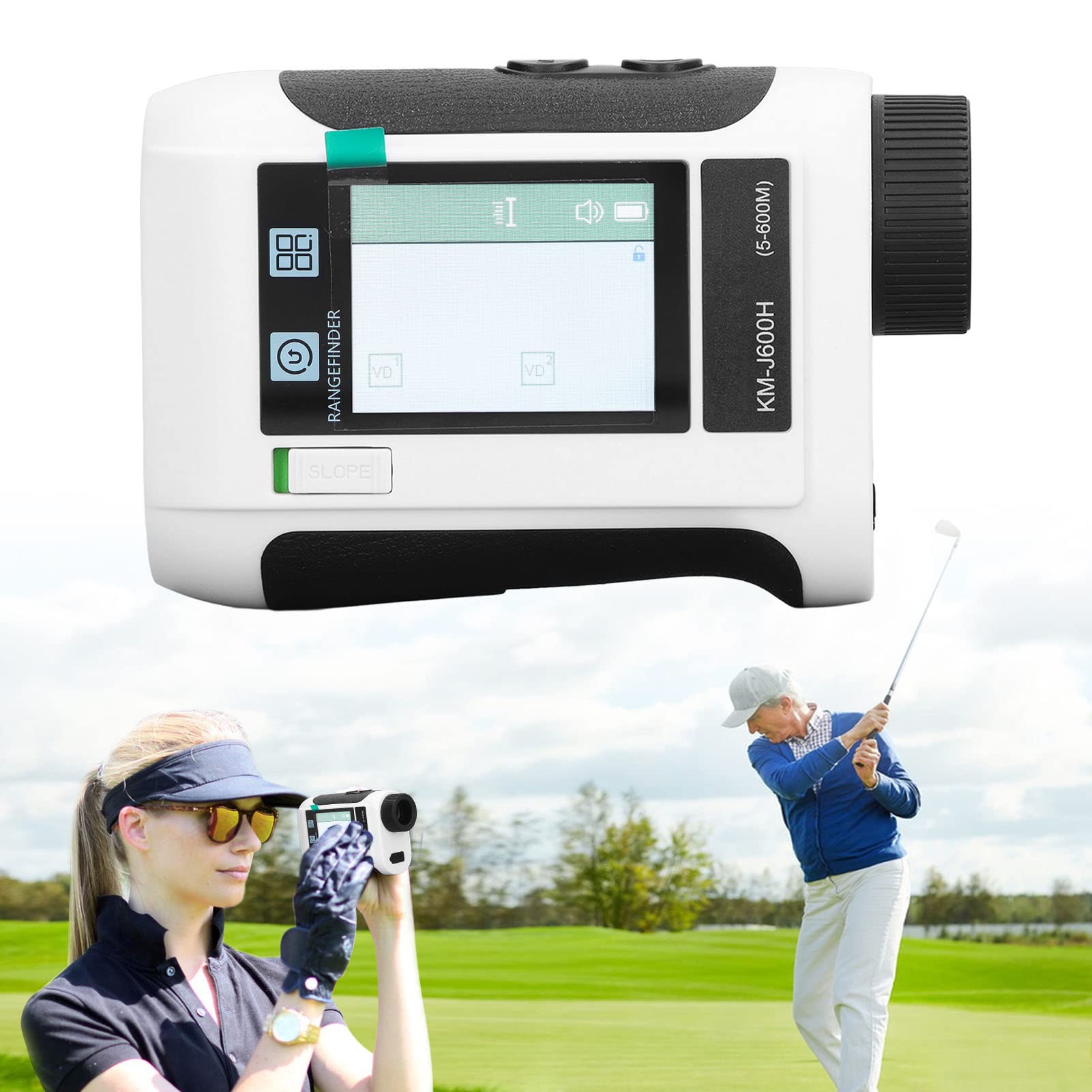 Telémetro de Golf Láser, 656 Yardas Golf Telémetro Telémetro de Golf con Aumento de 6,5X Pantalla Táctil LCD Transmisión de Voz Medidor de Distancias Deportivo para Golf Caza (Blanco)