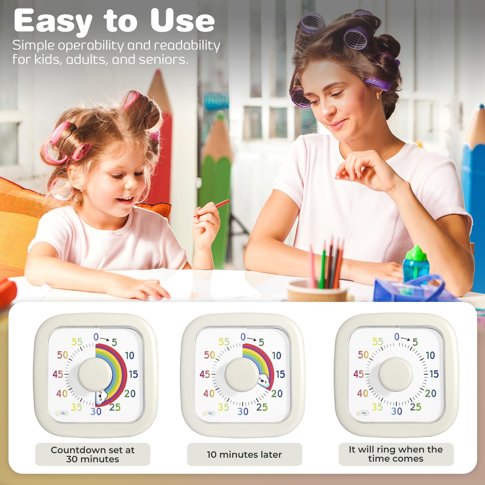 ZLPBAO Timer Vsivo Bambini, Rainbow Timer Visivo da 60 Minuti Conto alla Rovescia Silenzioso di Gestione