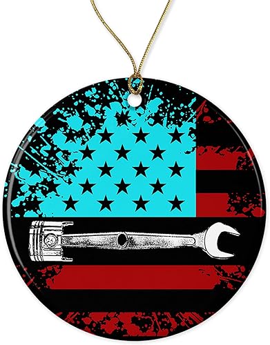 JenaGifts Adornos de Navidad de mecánico de bandera estadounidense 2021, adorno conmemorativo, regalo de cerámica para decoración de vacaciones,