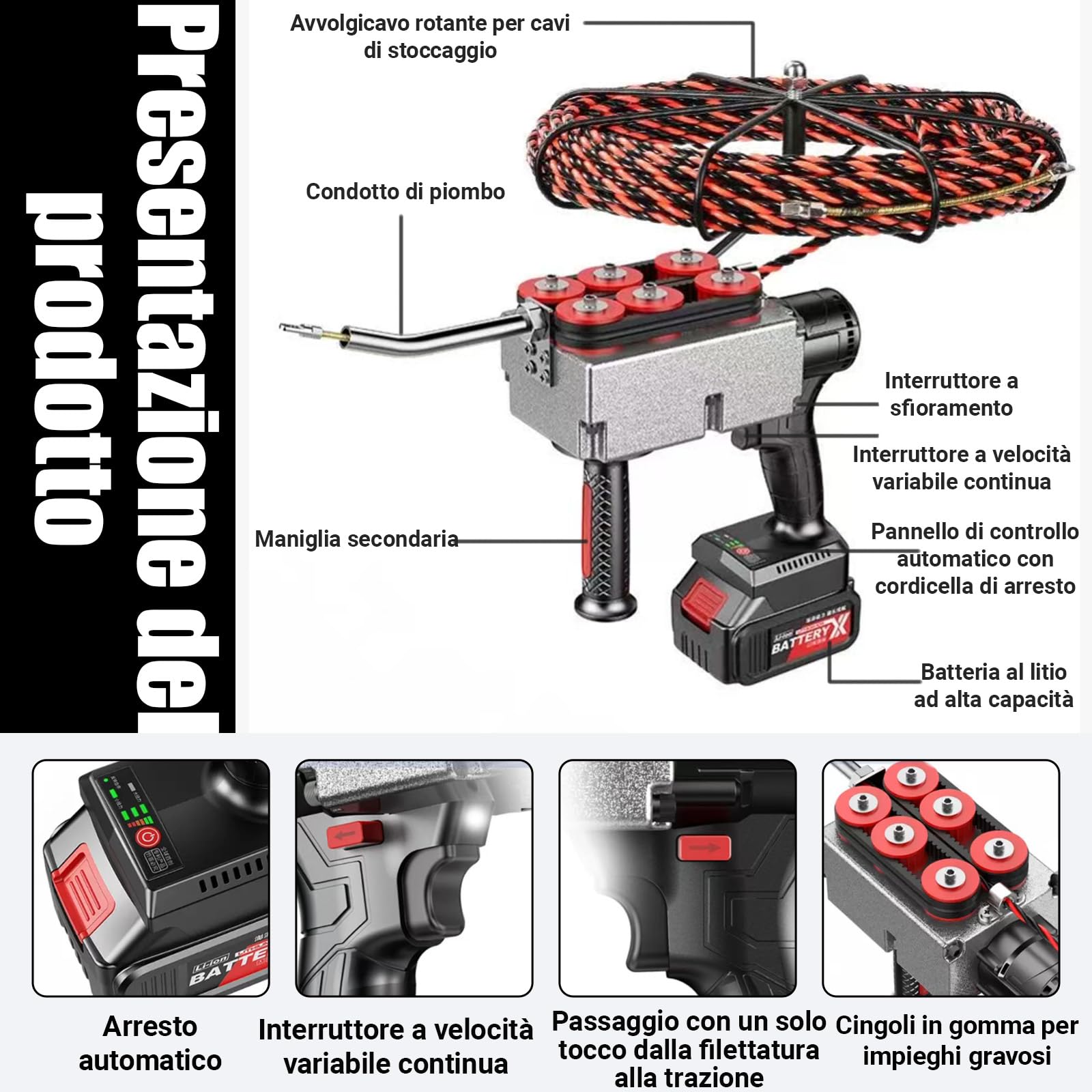 Estrattore per Cavi elettrici, Macchina per tesare Cavi Automatica, Tiracavi elettrici Attraverso Il Muro, Macchina per Cablaggio a Parete, da 40 m/min con Batteria al Litio 37500mah*2 30m