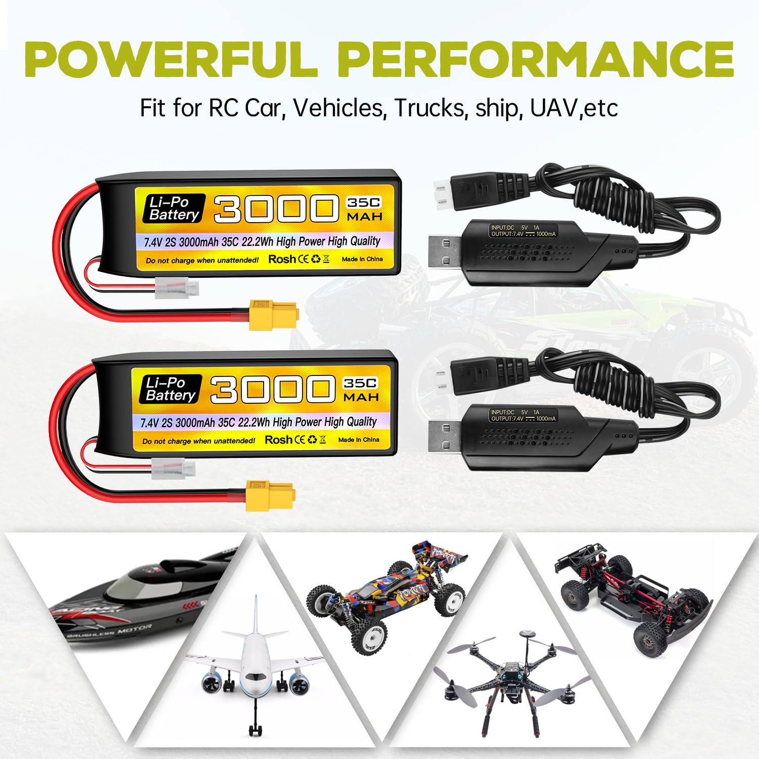 2PCS 2S Lipo 7.4V 3000mAh 35C Batterie mit XT60 Stecker mit USB-Ladekabel für RC Auto LKW Fernbedienung Schiff RC Vierroder Flugzeug FPV Drohne
