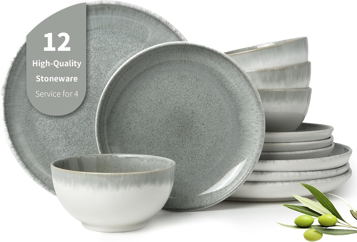 Pokini Gradient Green Stoneware Dinnerware Sets, 12 pcs Reactive Glaze Plates and Bowls Sets, Handmade Ceramic Round Dishes Set for 4, Highly Chip and Crack Resistant Modern Plate Set