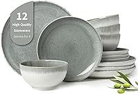 Pokini Gradient Green Stoneware Dinnerware Set, 12pc Reactive Glaze Plates & Bowls for 4, Handmade Chip-Resistant Modern Ceramic Dishes