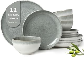 Pokini Gradient Green Stoneware Dinnerware Set, 12pc Reactive Glaze Plates & Bowls for 4, Handmade Chip-Resistant Modern Ceramic Dishes