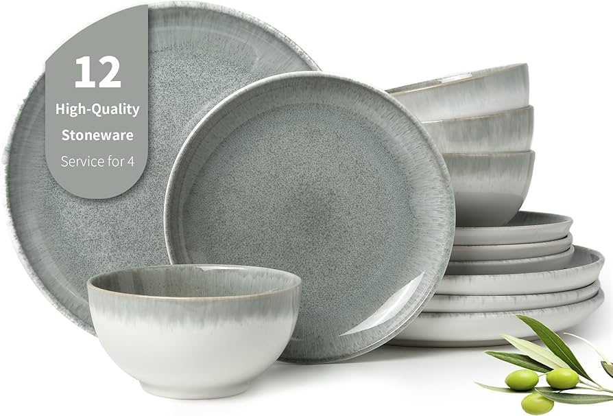 Amazon.com | Pokini Gradient Green Stoneware Dinnerware Sets, 12