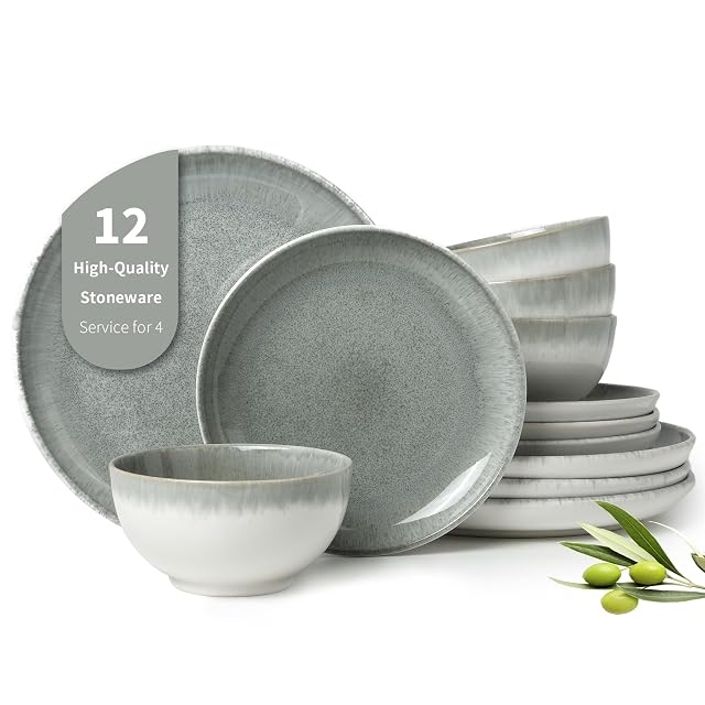 Gradient Green Stoneware Dinnerware Sets 12 pcs Reactive Glaze Plates and Bowls Sets Handmade Ceramic Round Dishes Set