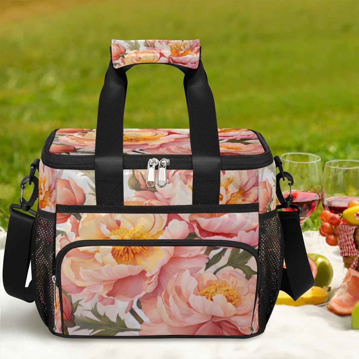 Beautiful Peony Insulated Picnic Backpack Lunch Box for Women Men Picnic Basket Tote Lunch Bag Picnic Bag Portable Lunch Bags for Picnic, Beach, Work, Trip,Office, Camp Peony Florals
