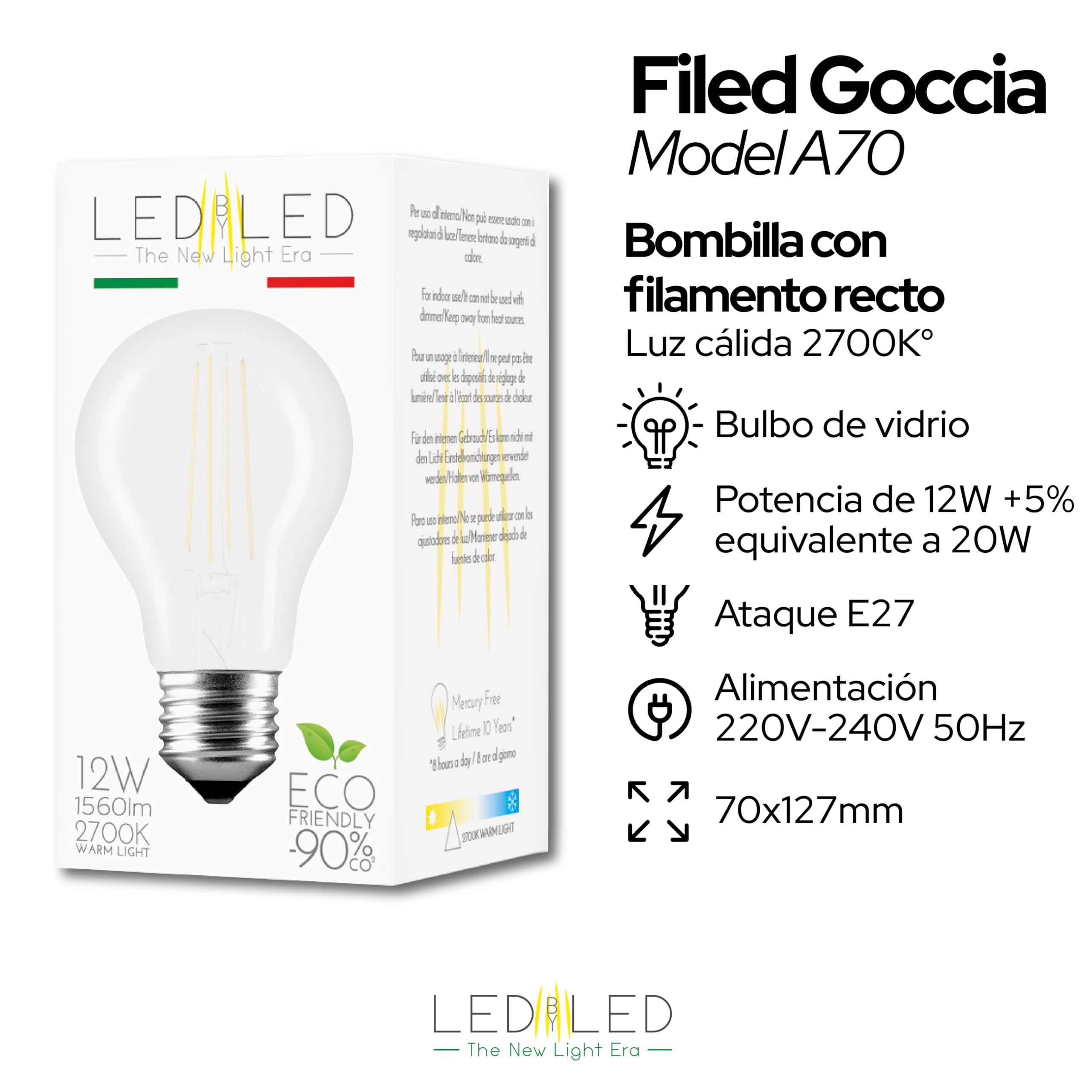 Bombilla Gota 12W Equivalente a 120W, E27, Vidrio Esmerilado, 2700K Luz Cálida, filamento LED recto, 1560 Lúmenes, Paquete de 10 unidades