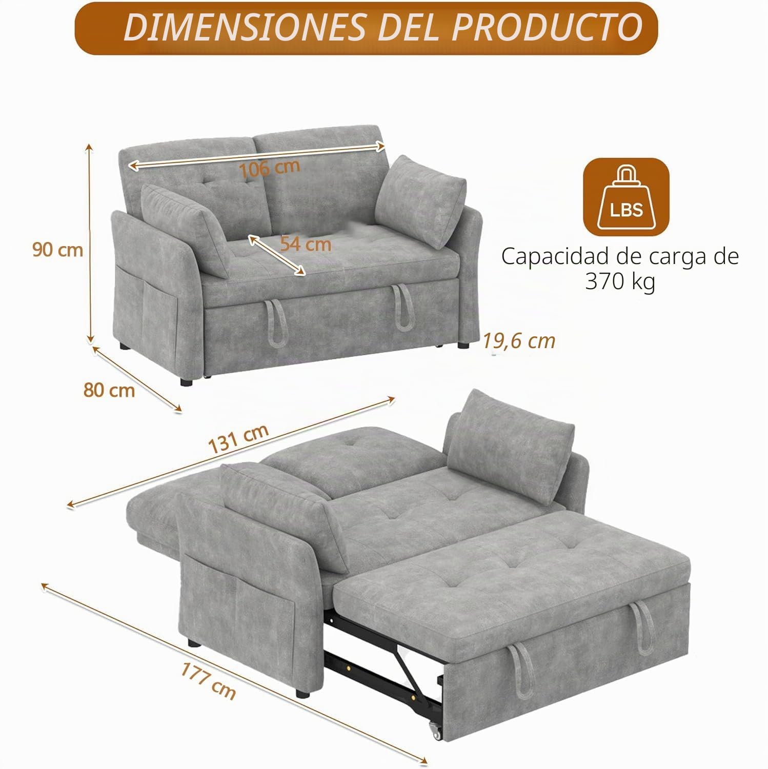 Sofá Cama 3 en 1 con Respaldo Ajustable en 5 Posiciones, sofá Cama con 2 Cojines y 2 Bolsillos Laterales, sofá de 2 plazas Gris de Lino para Dormitorio de Invitados y Espacios pequeños
