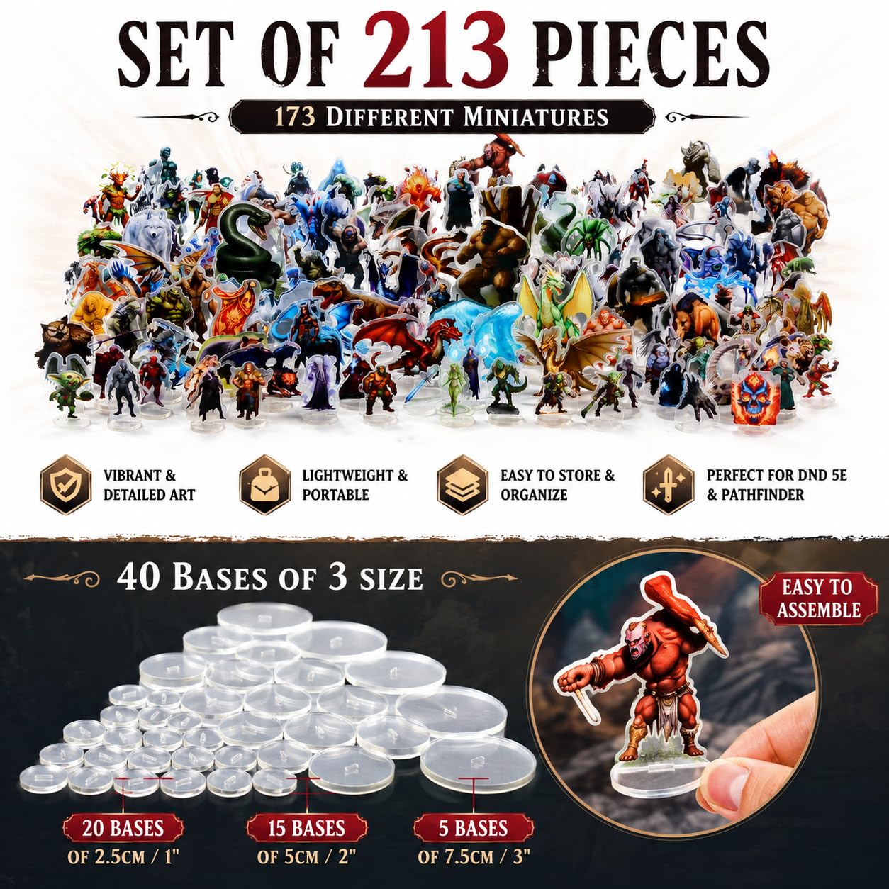 DND Miniatury Dungeons and Dragons Zestaw startowy 170 Fantasy Art Minis dla D&D 5E, Pathfinder płaskie plastikowe figurki do TTRPG Tabletop RPG akcesoria prezent dla DM