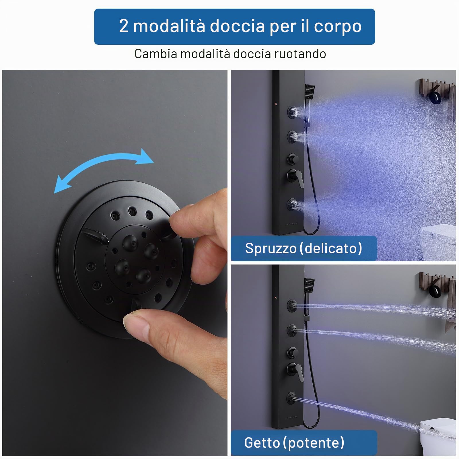 Pannello doccia a LED con miscelatore, 6 modalità doccia: pioggia e cascata, 2 modalità getto massaggio, combinato e beccuccio da bagno, colonna doccia in acciaio inossidabile nero opaco
