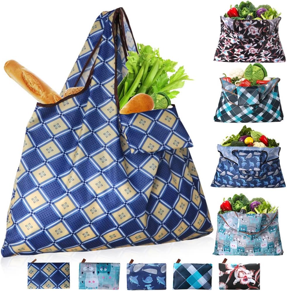 Ravmix 5-Pack Reusable Shopping Bags Foldable 55LBs XX-Large Shopping Bags Heavy Duty Washable Shopping Bags for Groceries Ripstop with Wide Handle Fits in Purse, Alpaca Blossom Leaf Pattern