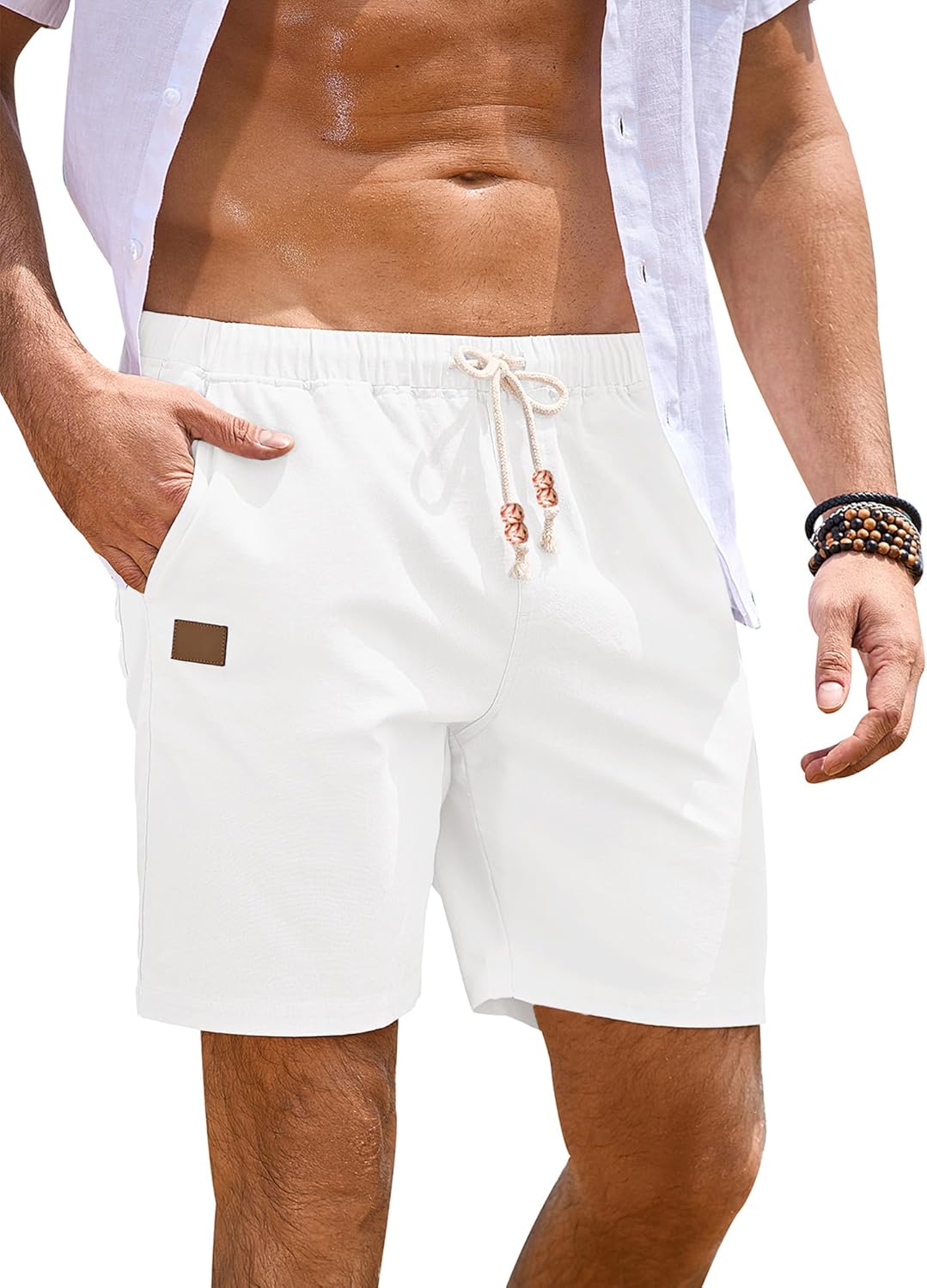 JMIERR Mens Linen Shorts Casual 5"/ 7" Cotton Elastic Waist Drawstring Summer Vacation Beach Shorts with Pockets
