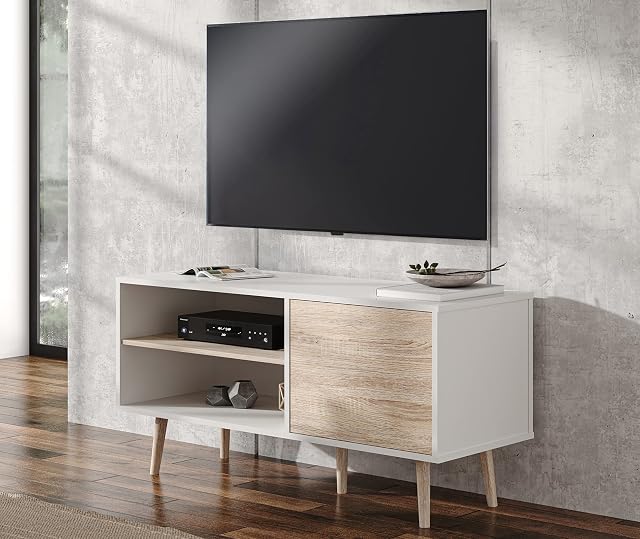 WAMPAT TV Stand for Living Room White TV Unit for Flat Screens up to 39 inch Wood TV Stand Cabinet with Storage Shelf and Door