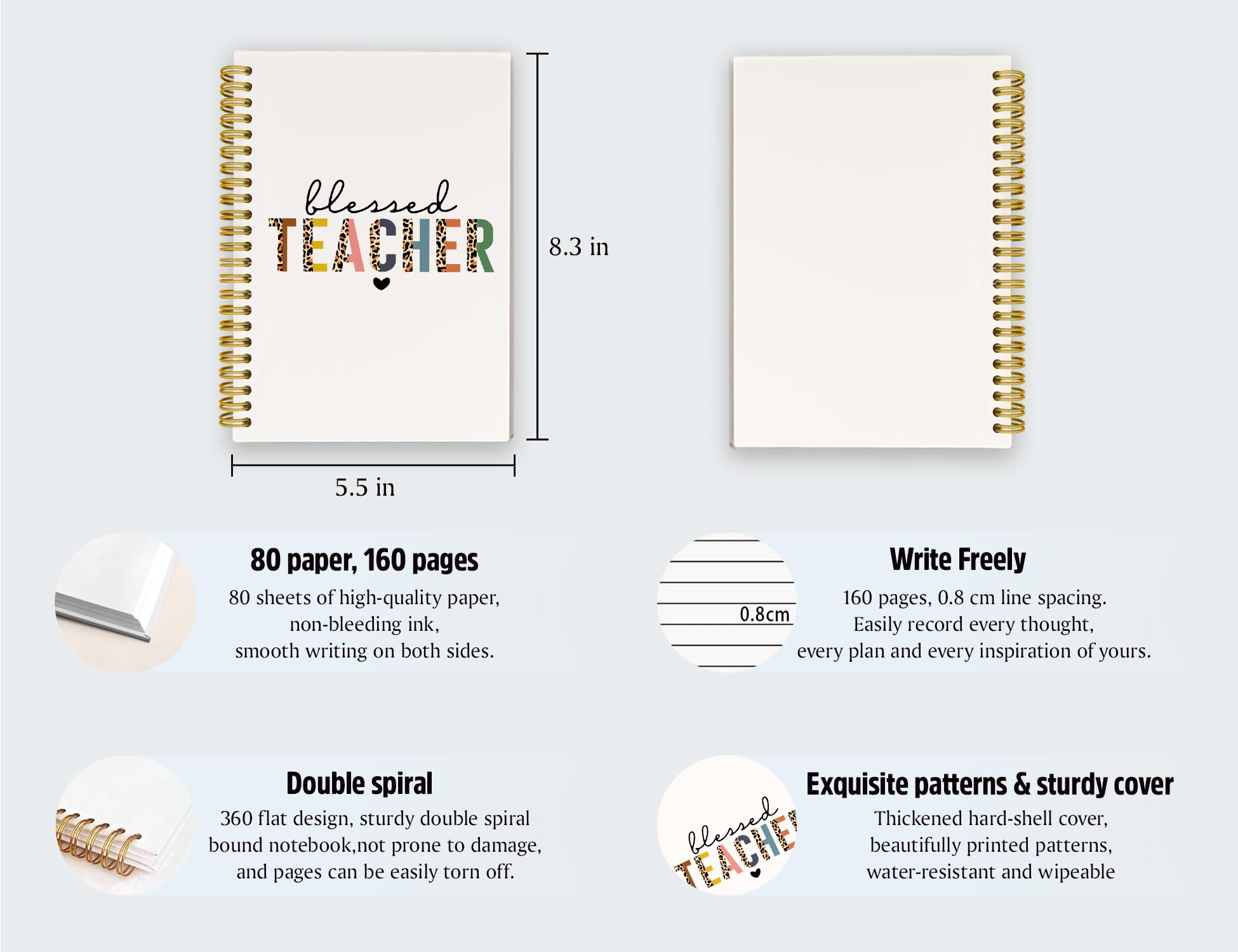 ICEWHITEY Taccuino per insegnante benedetto, regalo di apprezzamento per insegnanti, per donne, a righe, con rilegatura a spirale, quaderno per insegnanti, forniture scolastiche e ufficio