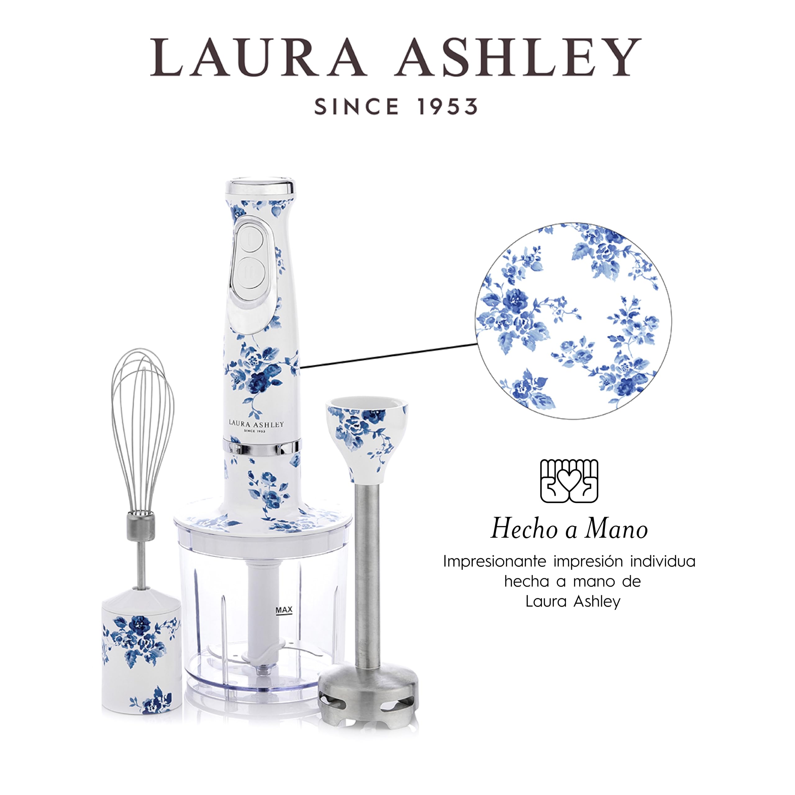 Laura Ashley China Rose 600 W Licuadora 4 en 1 por VQ | Batidora de Varilla con Cuchillas de Acero Inoxidable Duraderas Batidor Bol Para Picar Vaso Mezclador y Vertedor