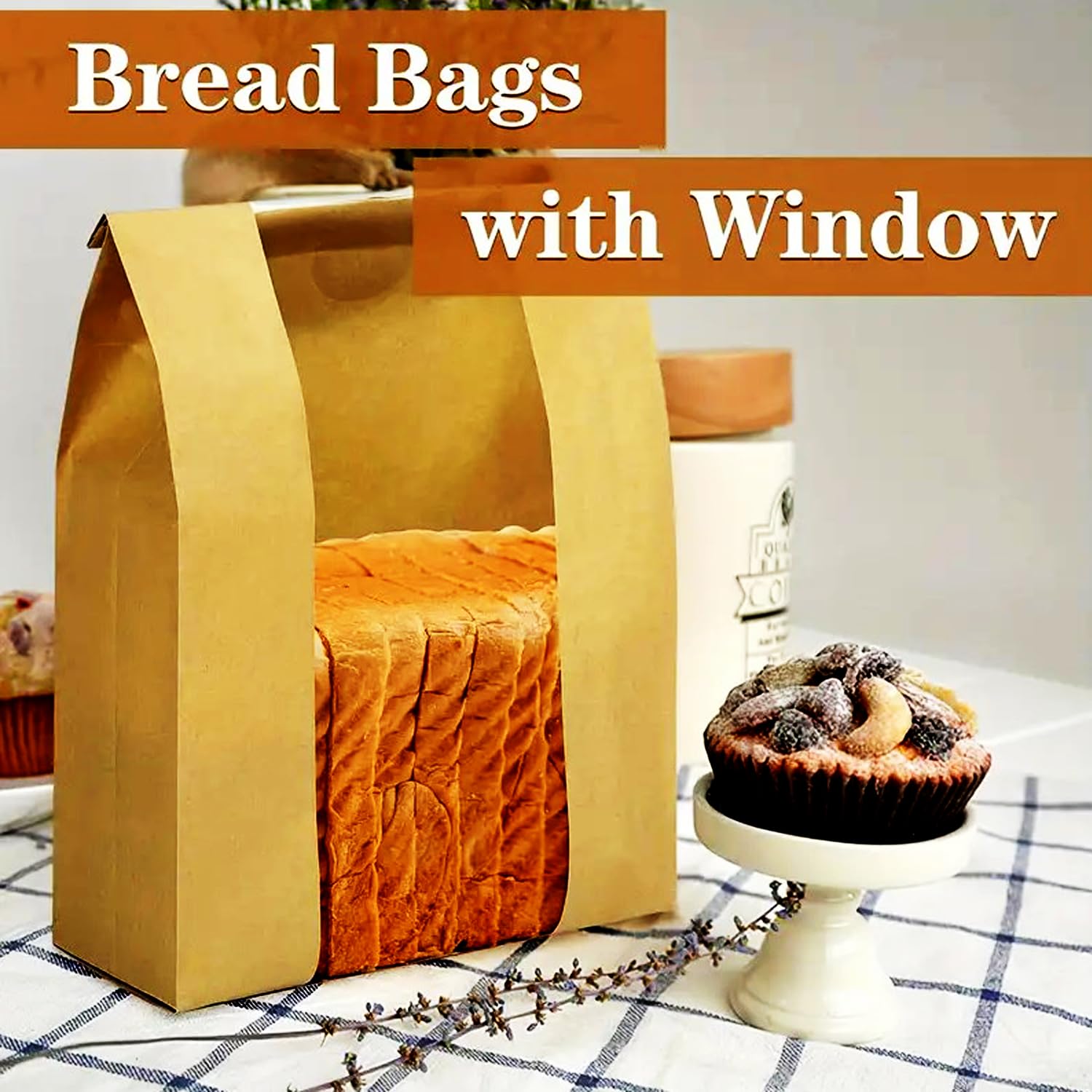 Bread Bags for Homemade Bread with Stickers, 50 Pack Sourdough Storage Brown Paper Bags, Cookie Packaging Bakery Bags with Clear Window for Sandwich, Baked Food Storage, Bags(13.77x8.26x3.54 Inch)